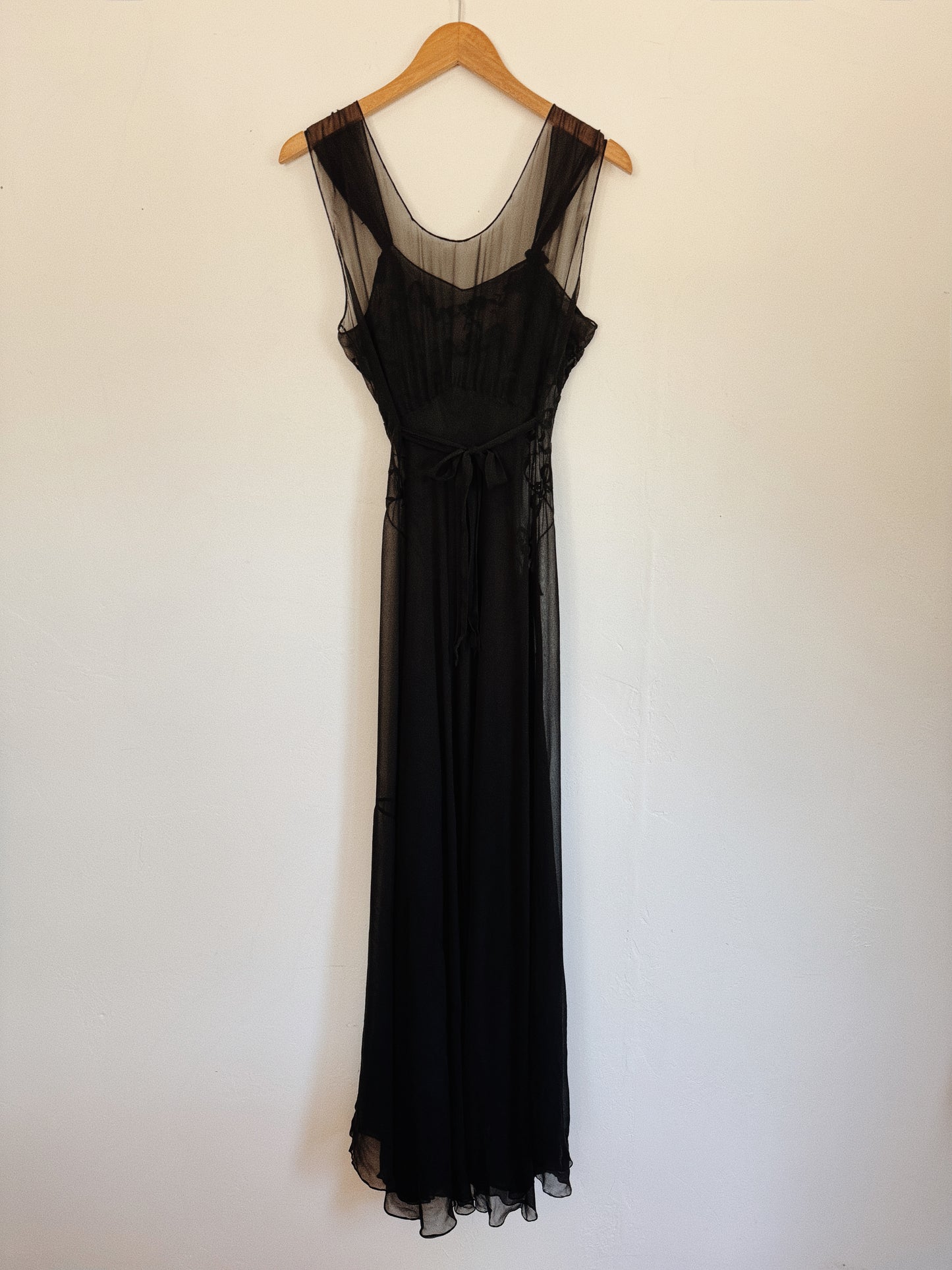 1930s Black Silk Chiffon Slip Dress w/ Floral Appliqué- S/M-M