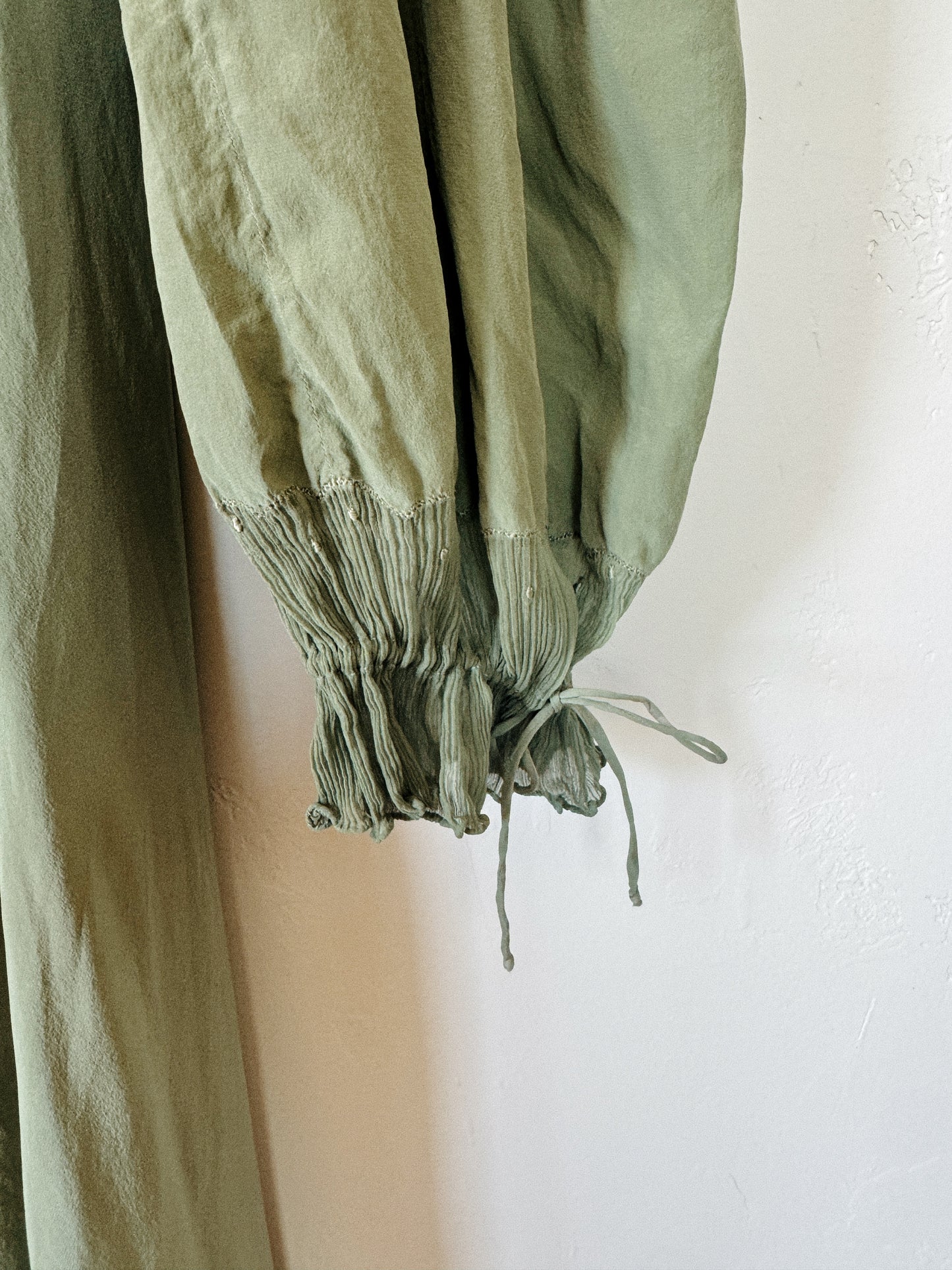 1930s Juniper Green Embroidered Silk Gown w/ Crinkle Chiffon Inserts- S-S/M