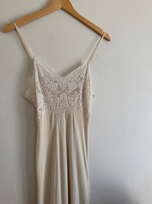 1930s White Silk + Lace Slip Dress w/ Appliqués- XS