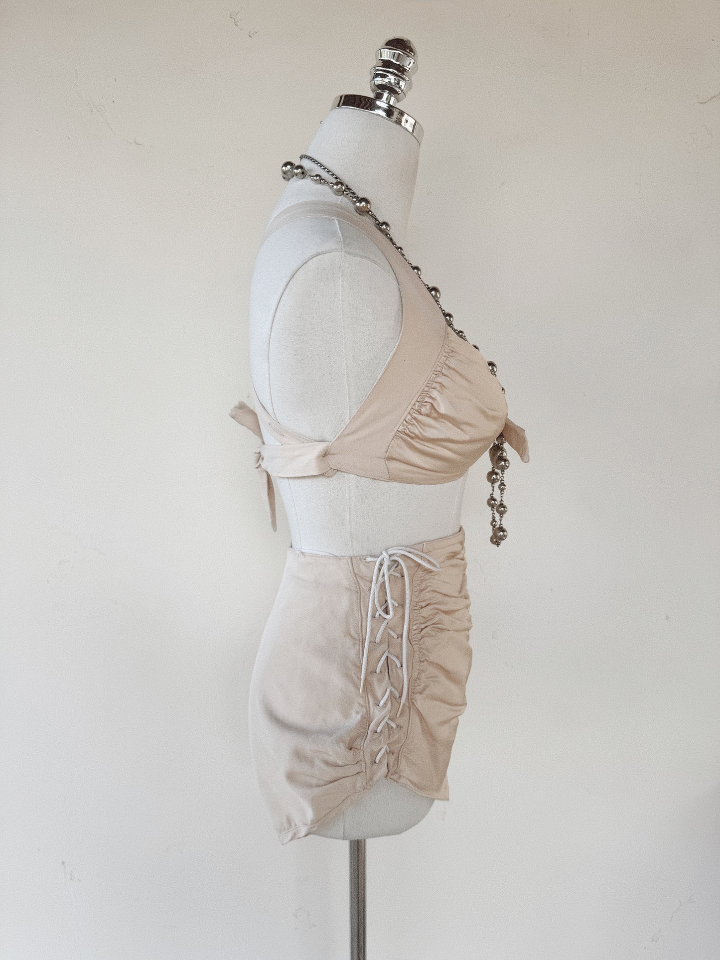 1942 Cole of California “Swoon Suit” Champagne Bombshell Ruched Lace Up Swimsuit- S/M-M