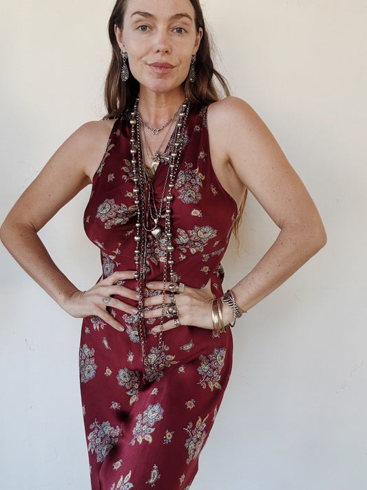 1940s Cabernet Paisley Silk Printed Slip Dress- M