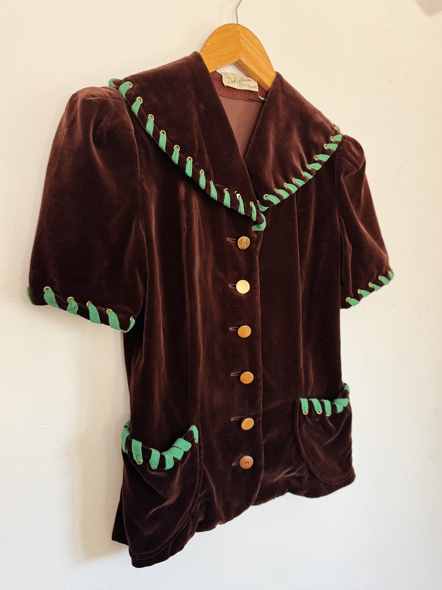 1940s Chocolate Velvet Top w/ Green Laced Trim + Brass Buttons- S-S/M
