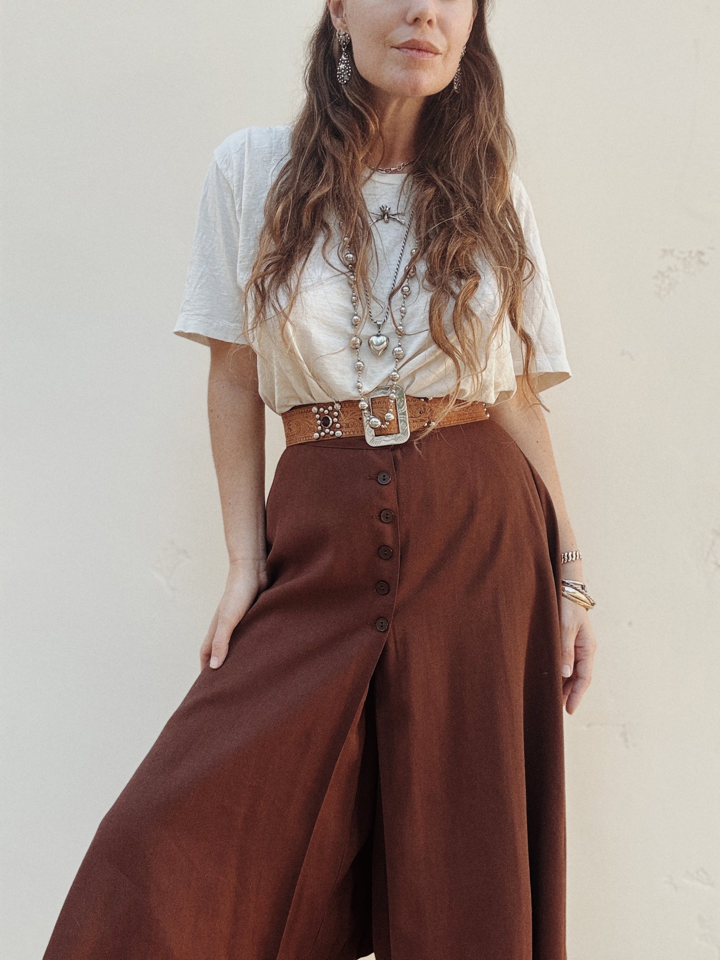 1940s Brown Rayon Gabardine Split Skirt Culotte Pants- S/M