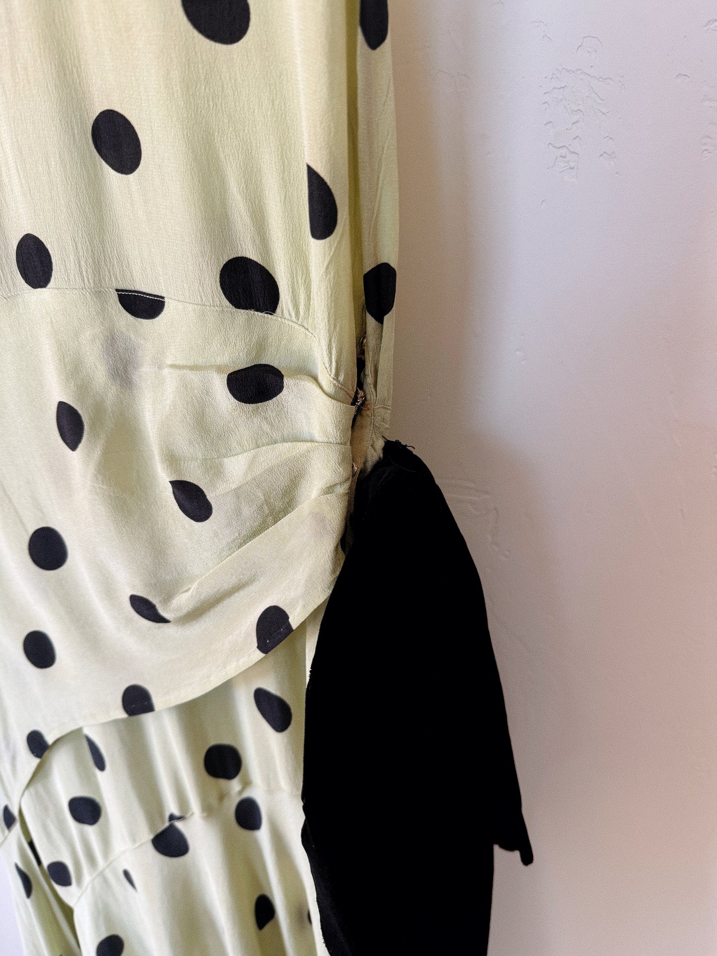 1930s Mint + Black Polka Dot Silk Draped Gown w/ Velvet Bows- S/M