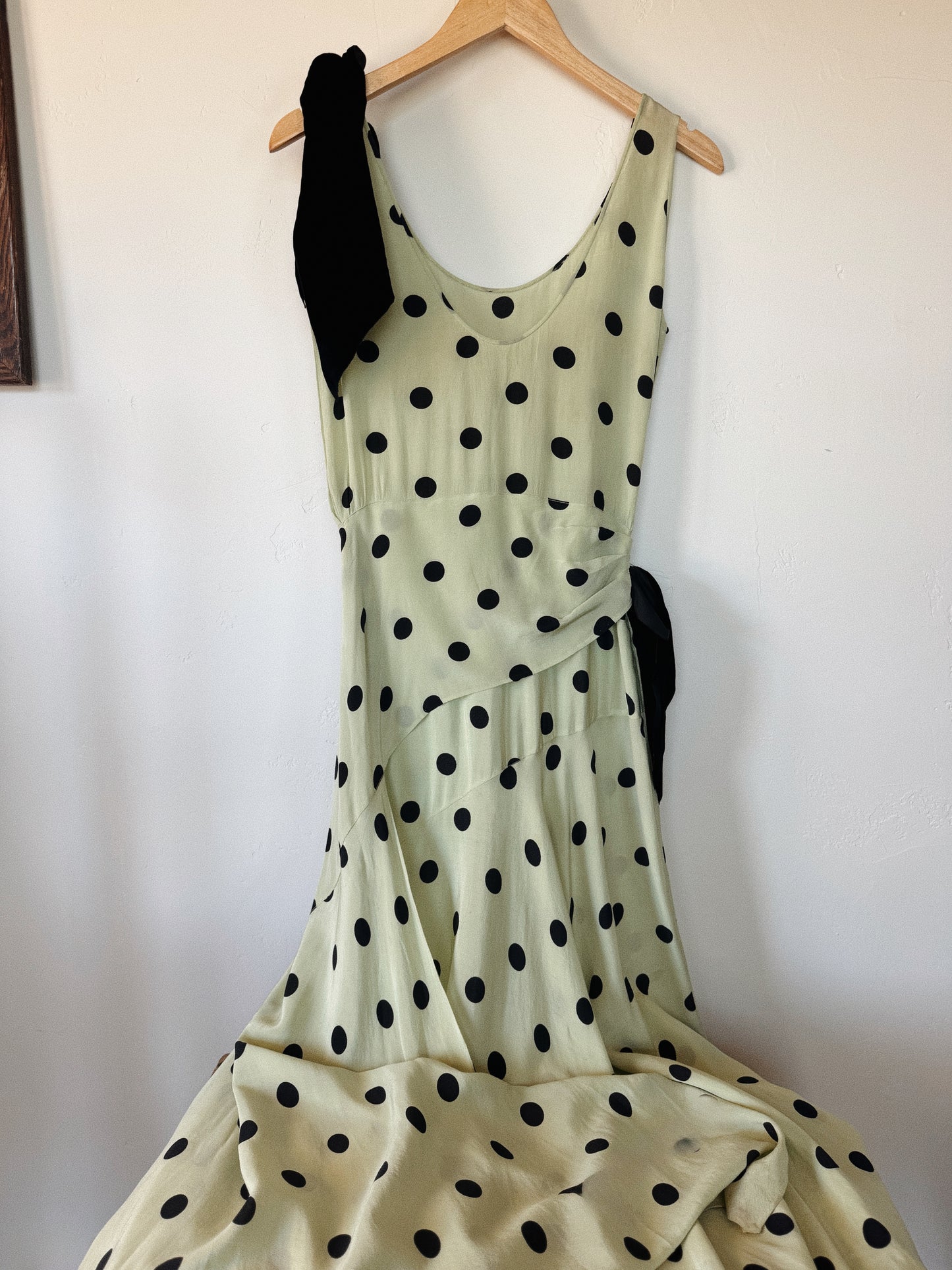 1930s Mint + Black Polka Dot Silk Draped Gown w/ Velvet Bows- S/M