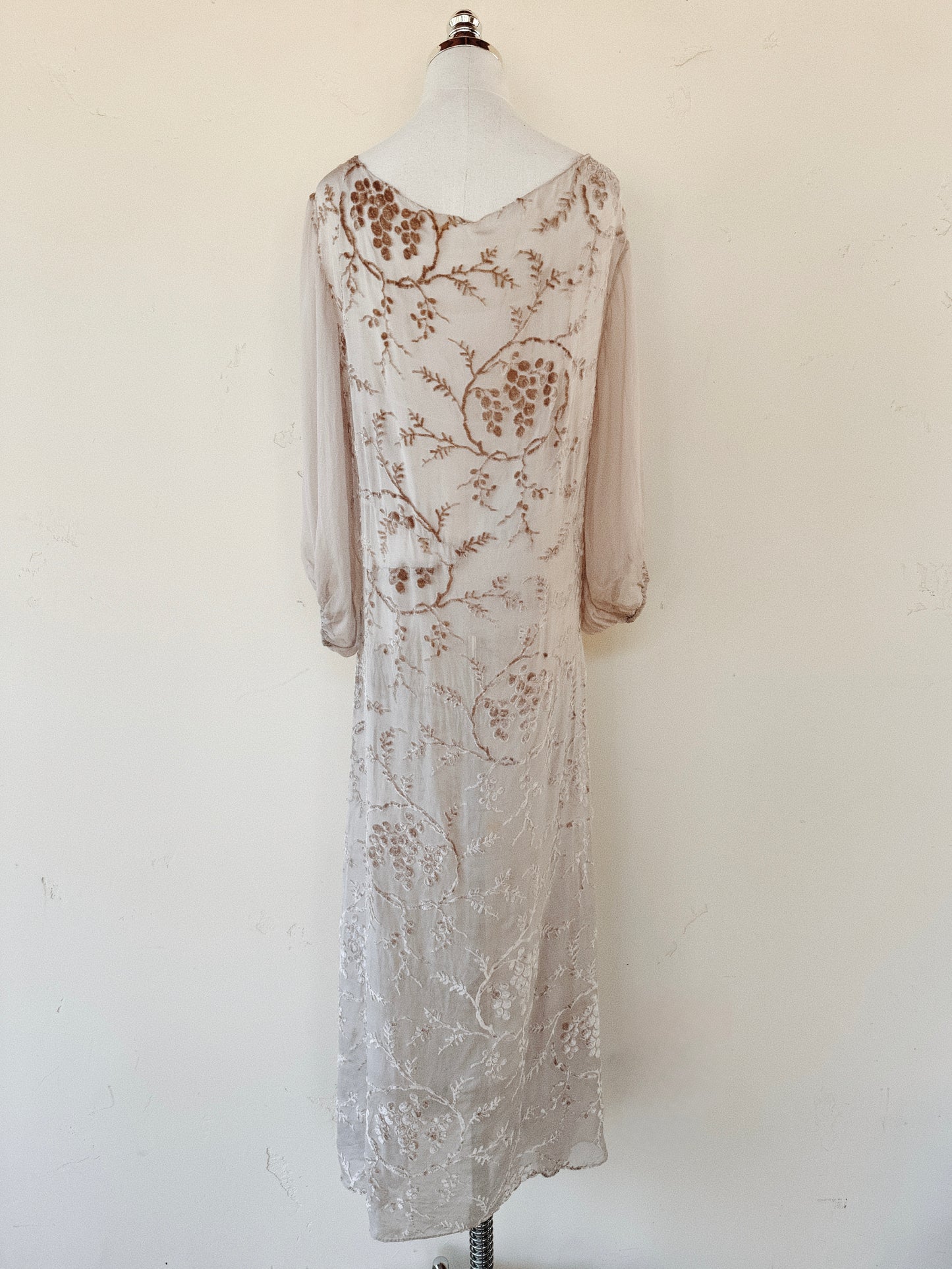 1920s Champagne Grape Silk Chiffon Devoré Velvet Goddess Gown- S/M-M
