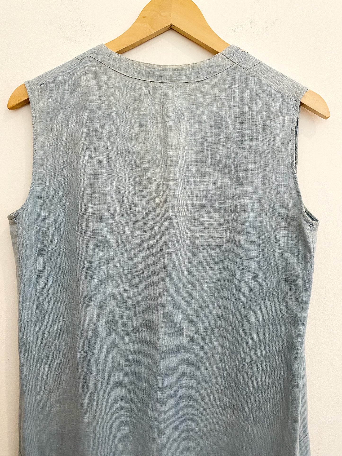 1920s Pale Blue Embroidered Linen Drop Waist Dress- M/L