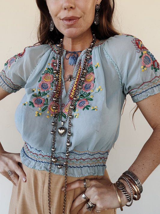 1930s/40s Baby Blue Cropped Hungarian Peasant Blouse- S/M-M