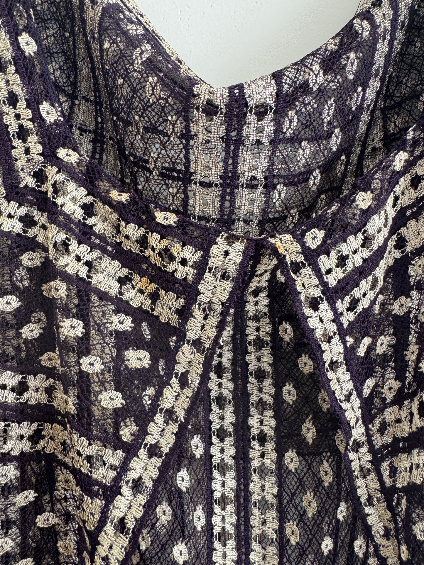 1920s/30s Purple + Cream Net Dress w/ Large Caplet Collar- M-L