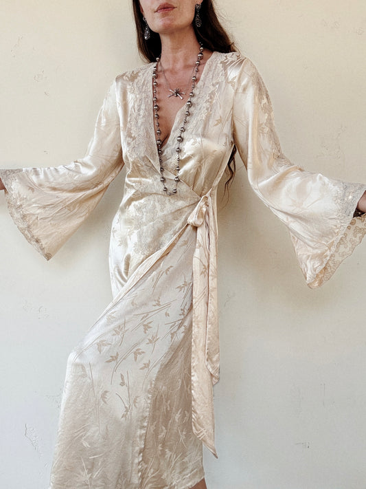 1930s Ivory Silk Charmeuse Bamboo Jacquard Angel Sleeve Robe- S/M-M