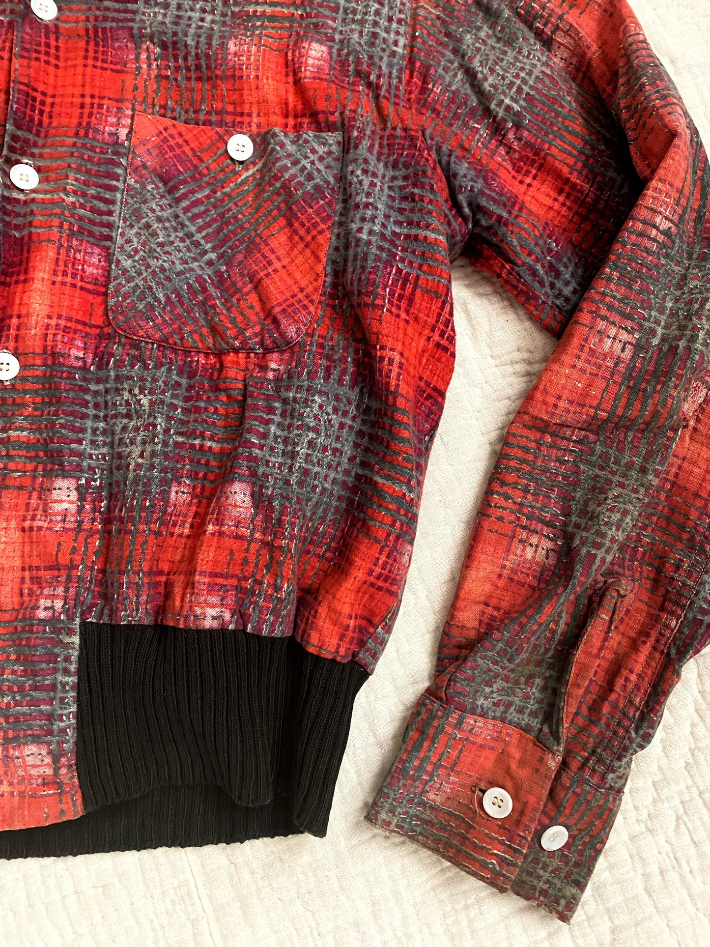 1950s Men’s Red + Burgundy Flannel Gaucho Shirt- M