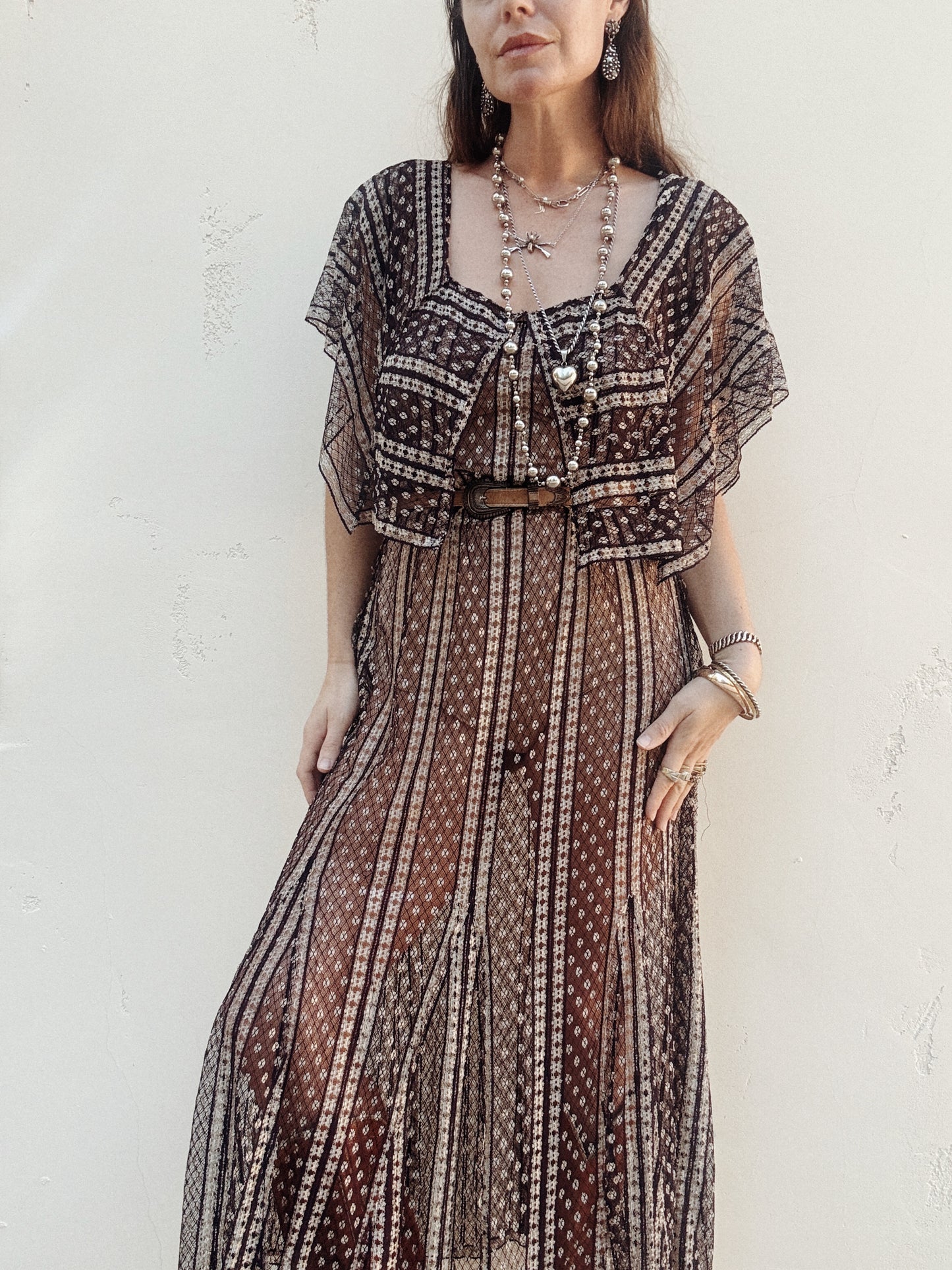 1920s/30s Purple + Cream Net Dress w/ Large Caplet Collar- M-L