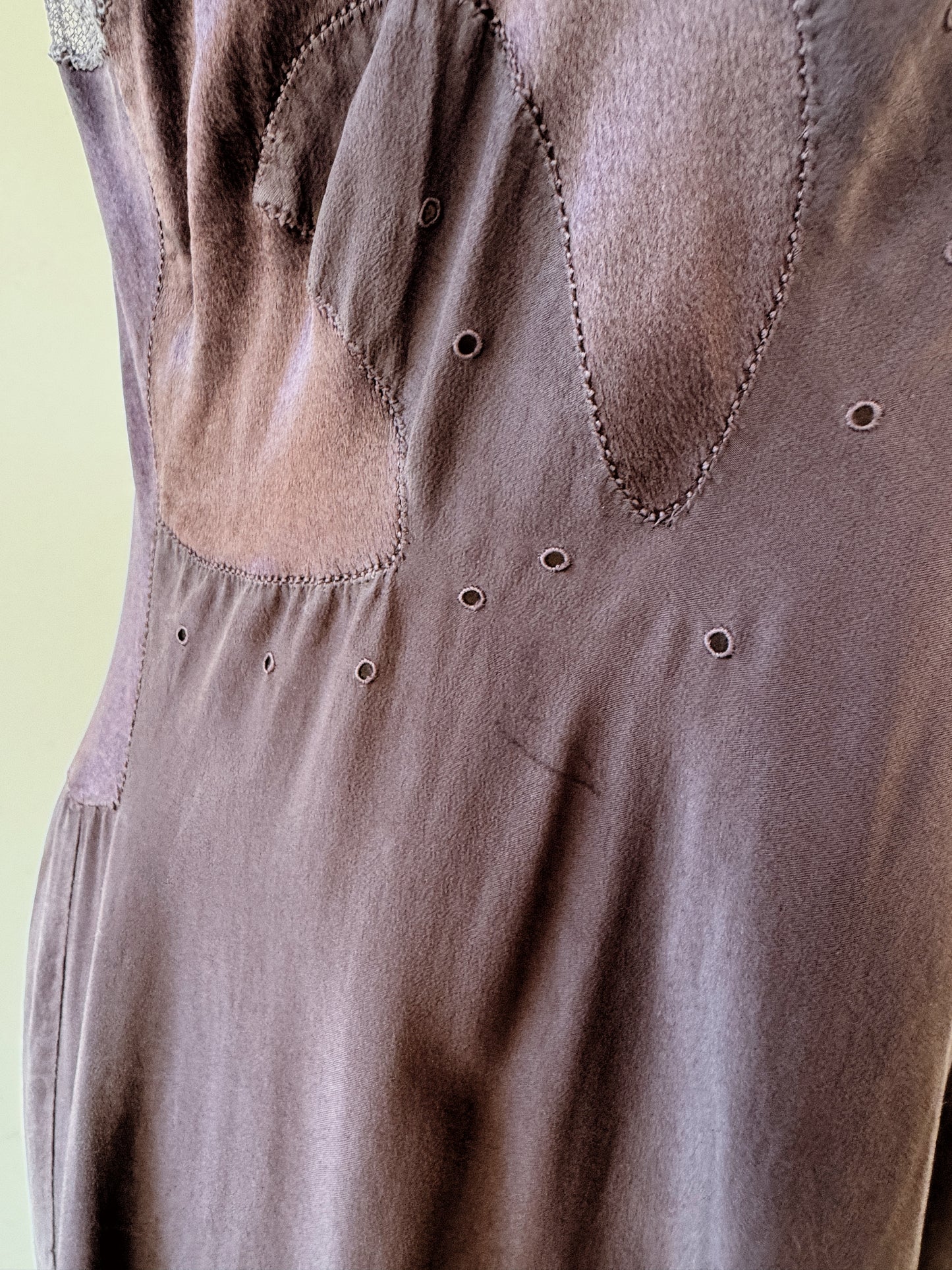 1930s Aubergine Silk Slip Dress w/ Wave Inserts + Circular Embroidery- S/M-M