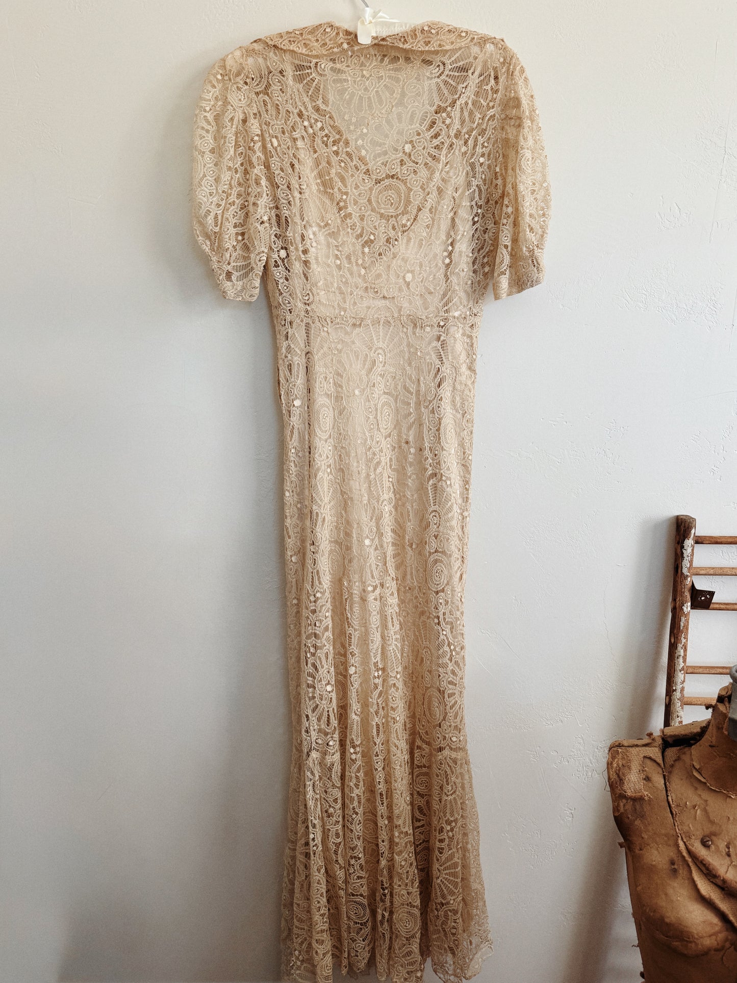 1930s White Lace + Puffed Shoulder Gown w/ Rhinestone Belt- XS/S