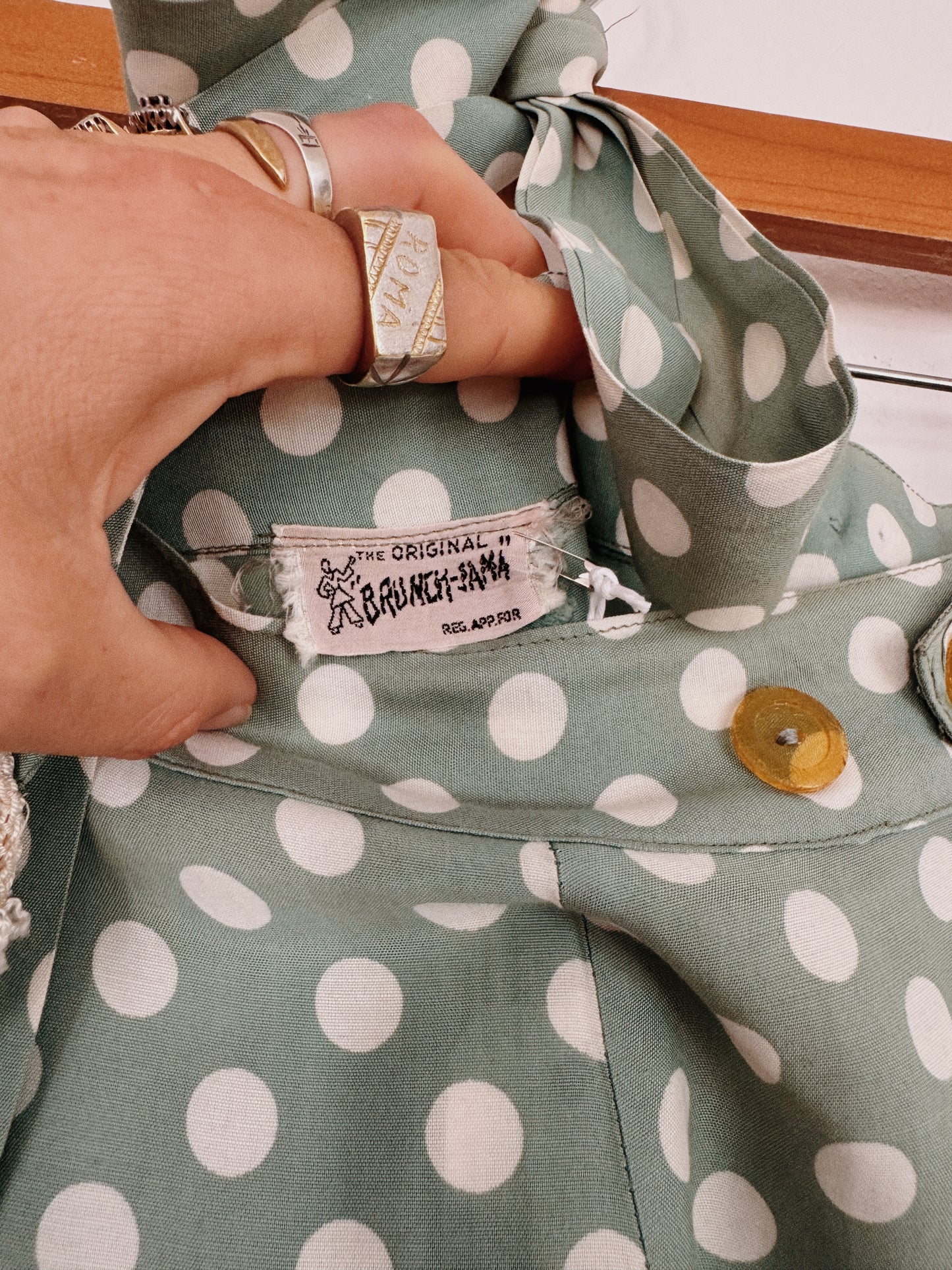 1940s Sea Foam Polka Dot Rayon Lounge Pants w/ Sash- M