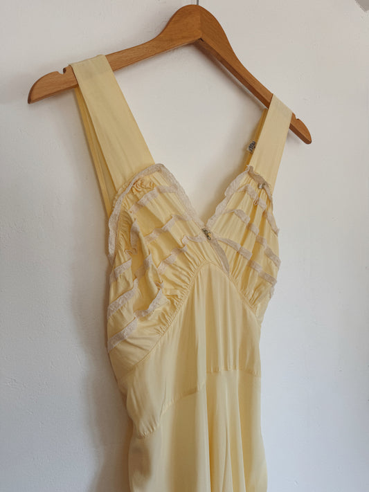1940s Lemonade Ruffle Rayon Slip Dress w/ Rosettes- S/M