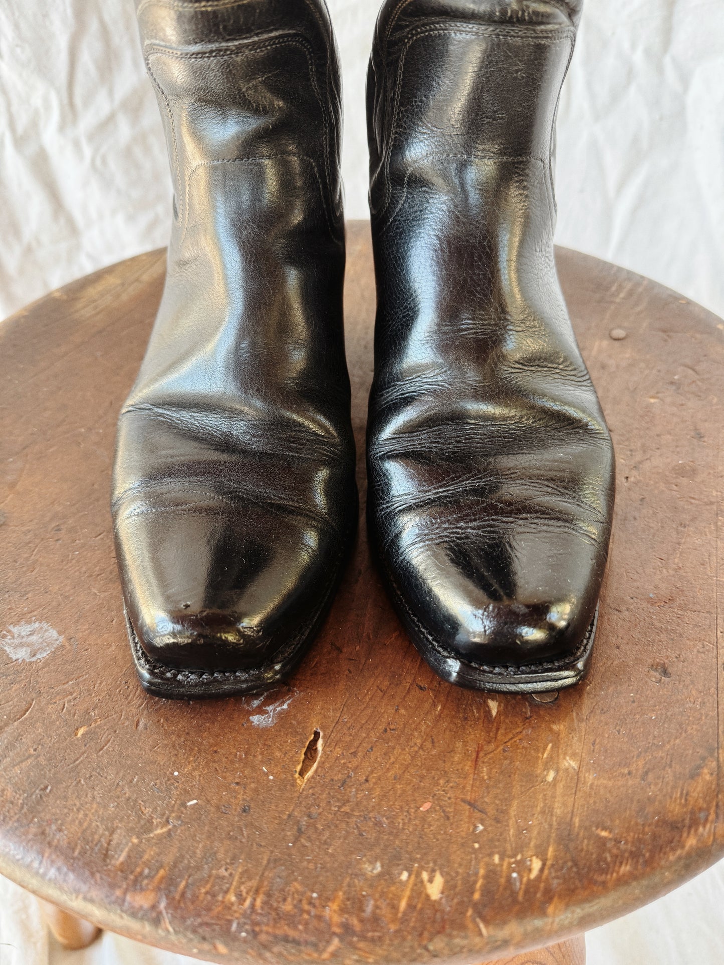 1940s/50s Black Pee Wee Cowboy Boots w/ Crescent Moon + Star Inlay- 9/9.5