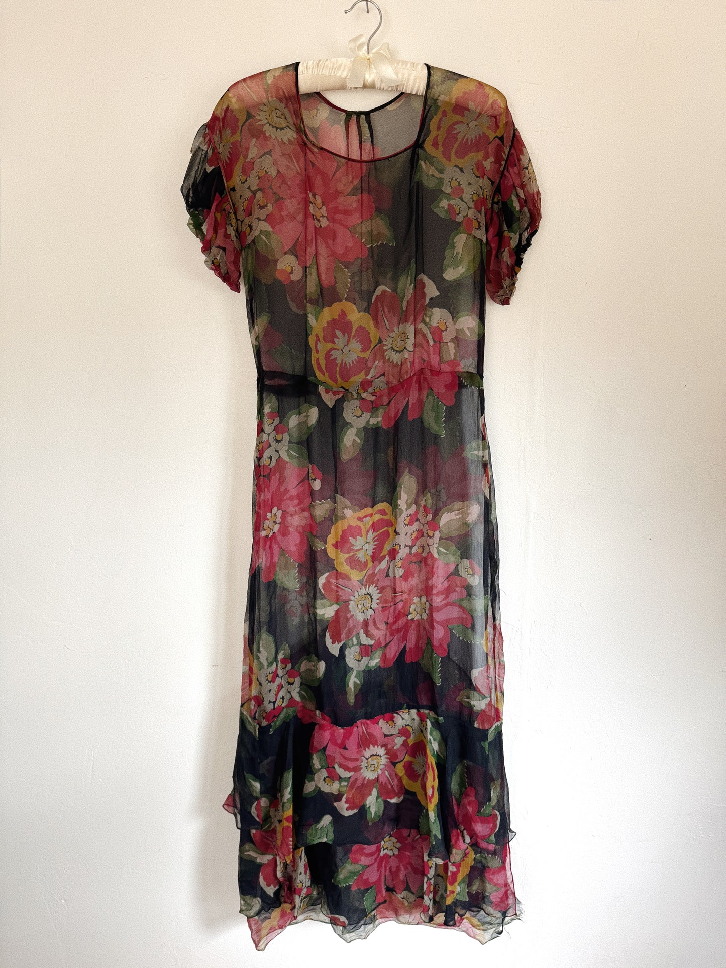 1930s Black Floral Chiffon Full Length Gown- S/M