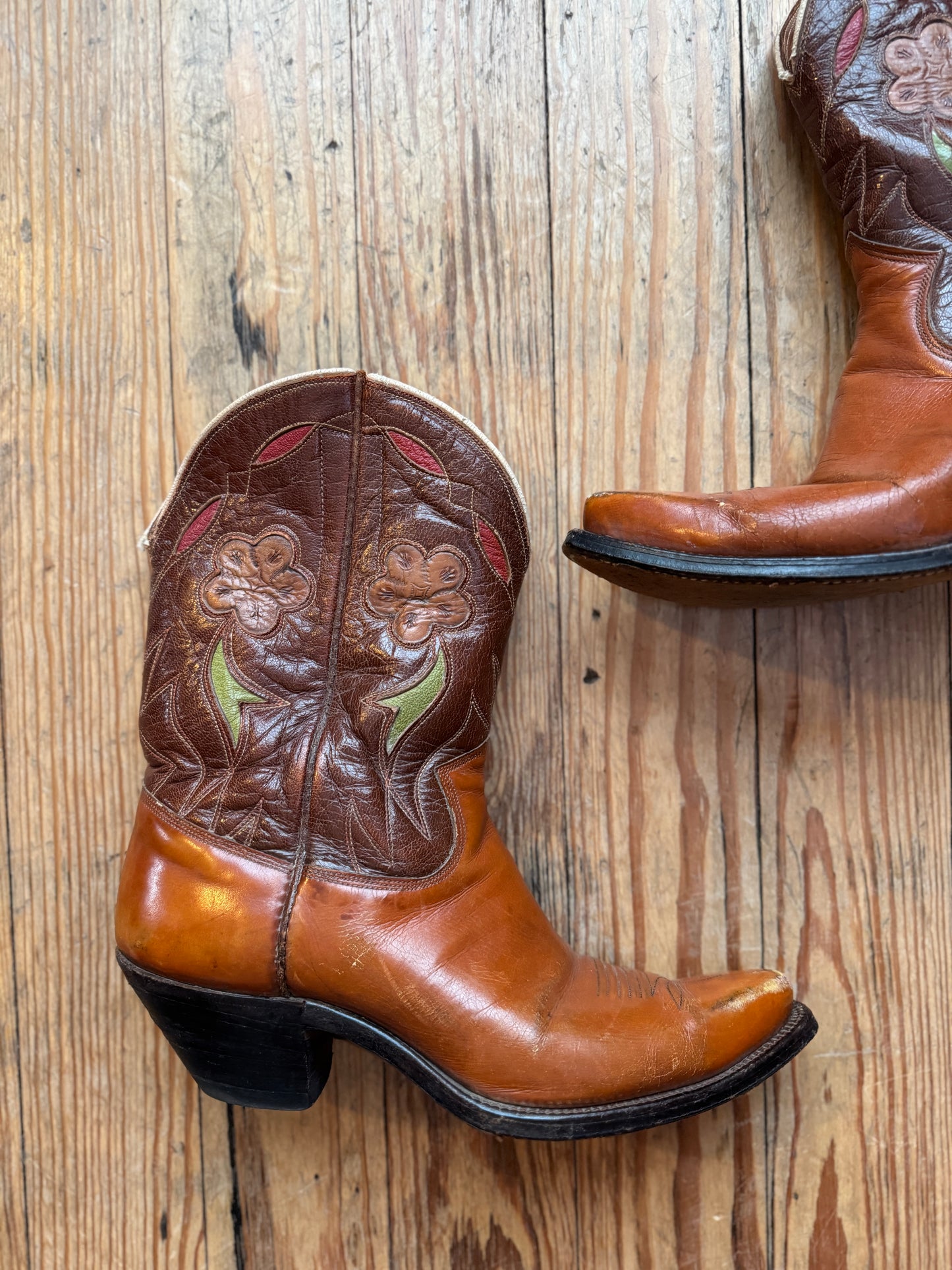 1950s Pee Wee Cowboy Boots w/ Tooled Floral Inlay- 8