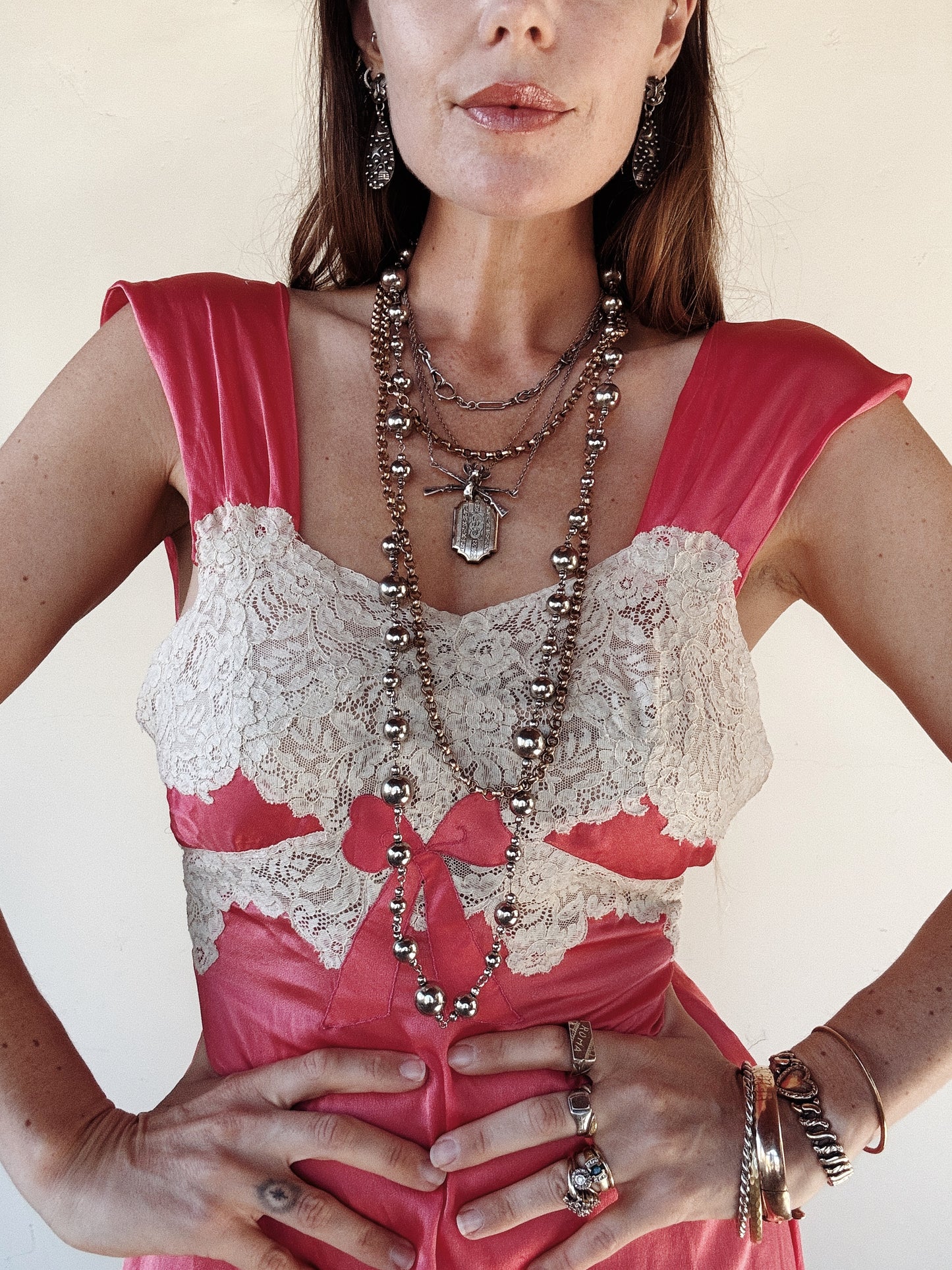 1930s Fuchsia Candy Pink Silk Slip Dress w/ Lace + Bow Appliqué- S/M