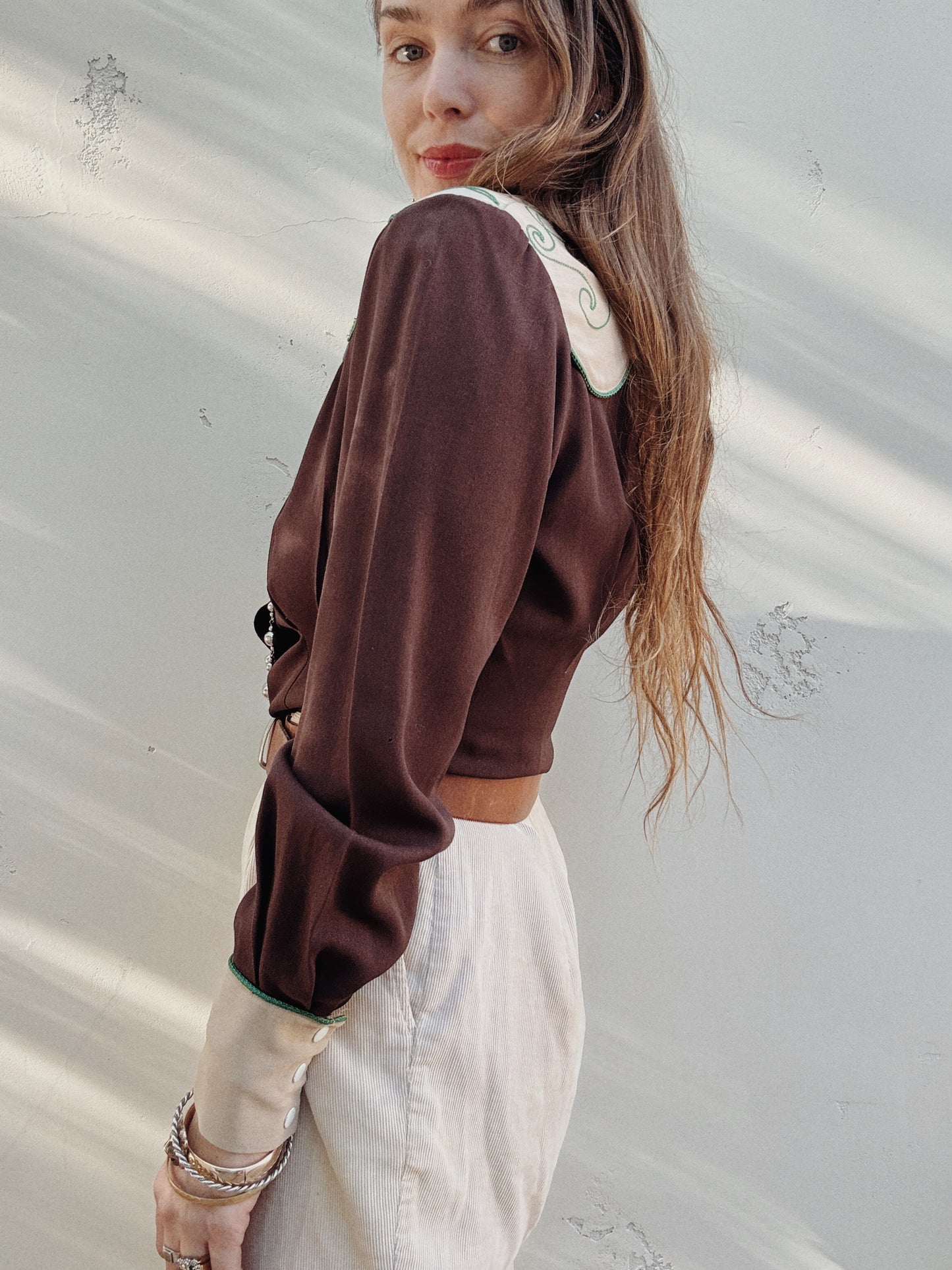 1940s Brown Daisy Gabardine Western Top- M