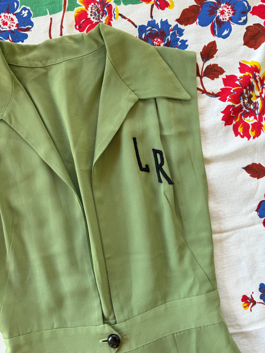1940s Pistachio Gabardine “LR” Monogrammed Pinafore Top- XS