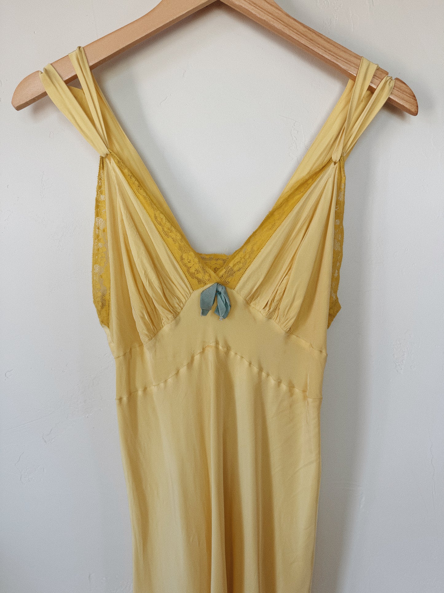 1940s Canary Yellow Cold Rayon + Lace Slip Dress w/ Robins Egg Blue Bow- S- S/M