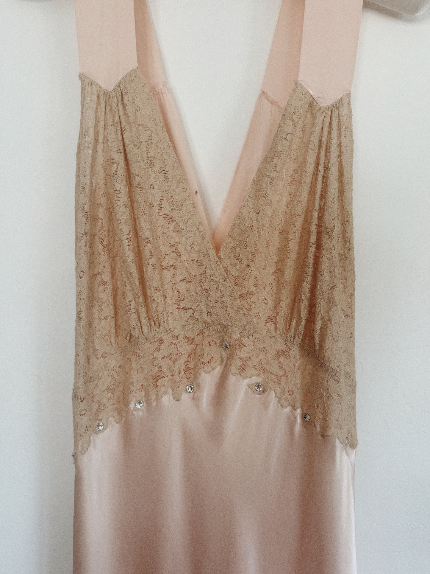 1930s/40s Pale Pink Liquid Satin + Lace Gown w/ Rhinestones- S/M