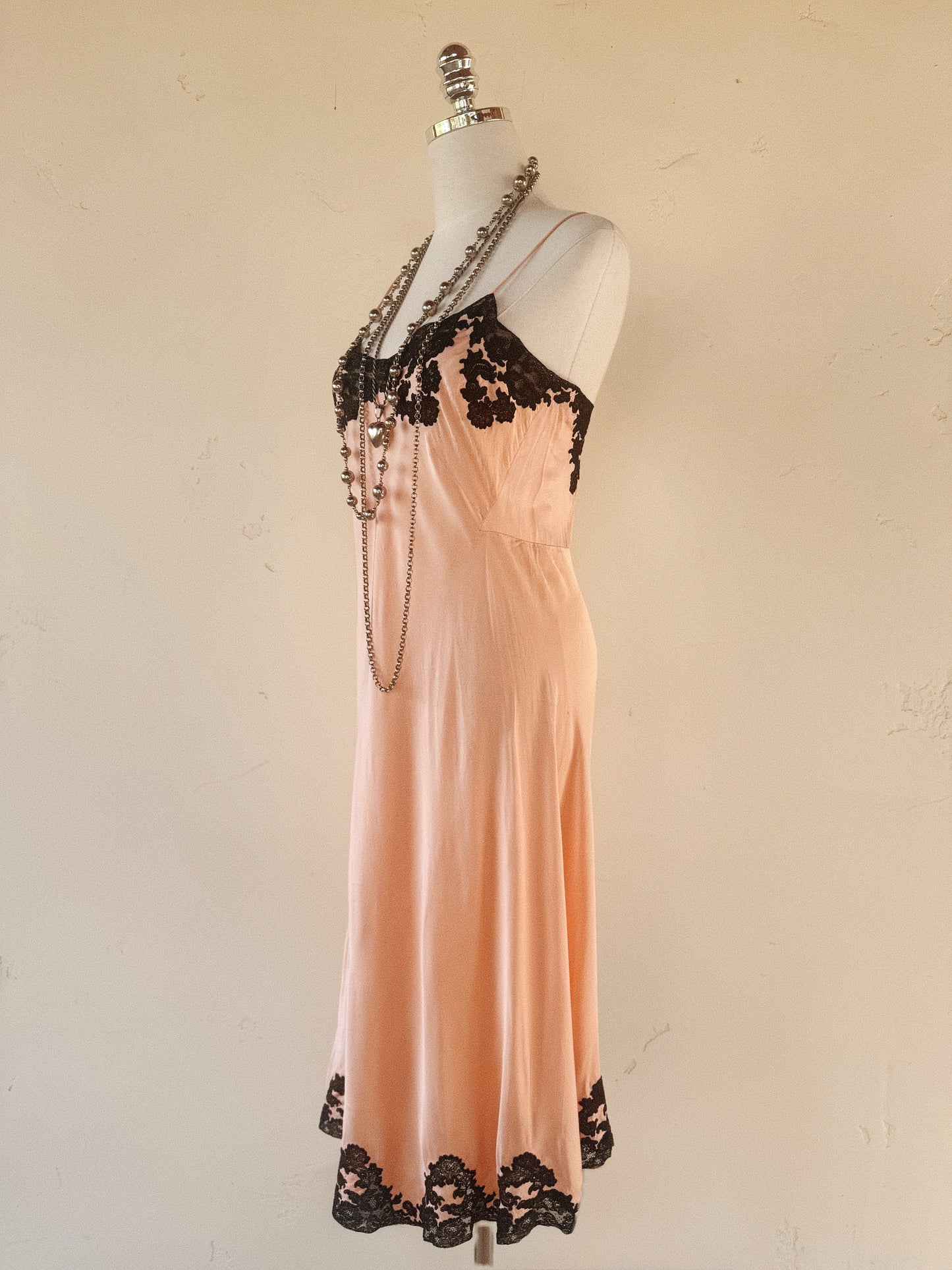 1930s Pretty in Pink Silk + Black Lace Slip Dress- S/M