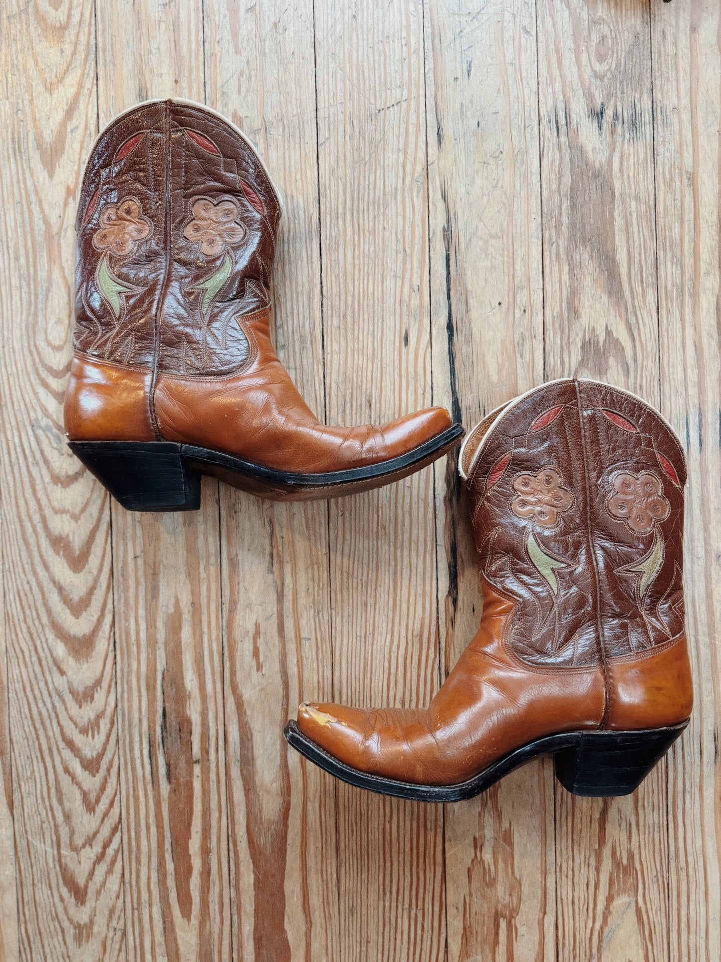 1950s Pee Wee Cowboy Boots w/ Tooled Floral Inlay- 8
