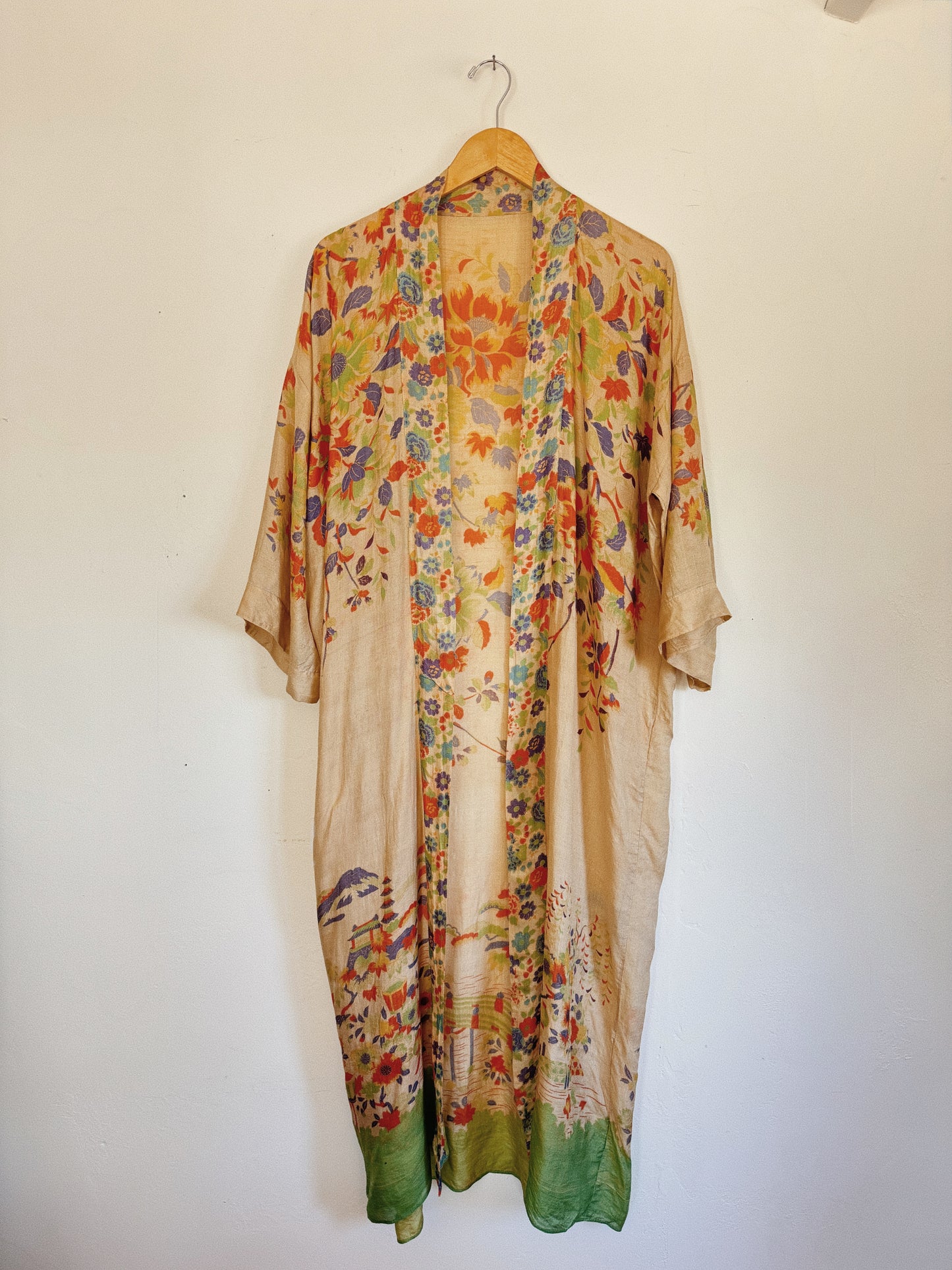 1920s Vibrant Pongee Silk Long Duster Robe