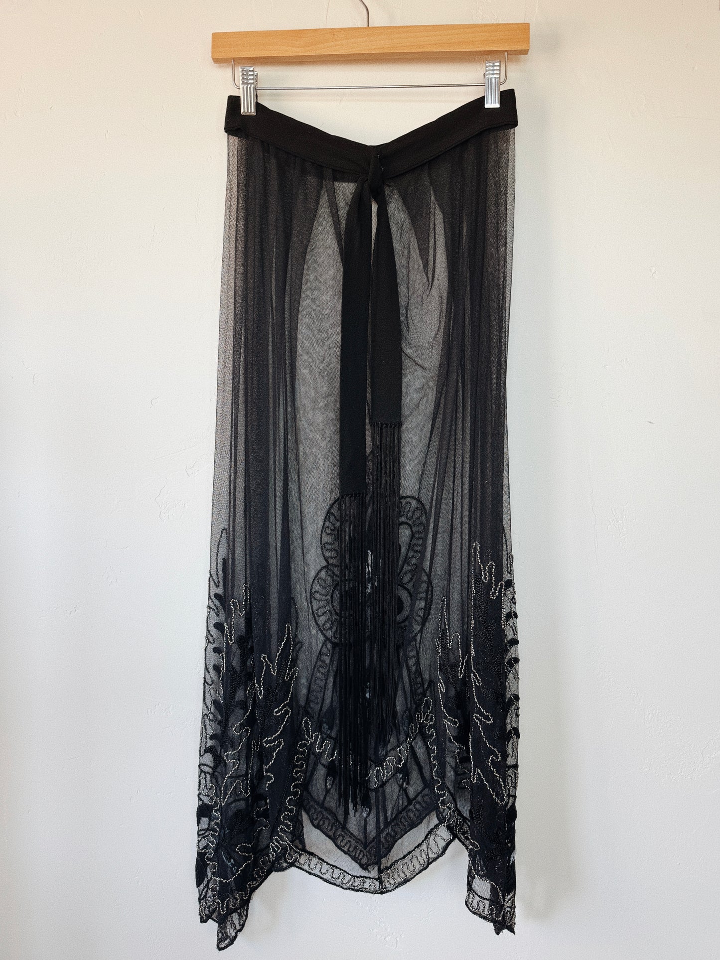 1920s Heavily Beaded Net Petal Fringe Skirt w/ Ombré Silk Embroidery- S/M