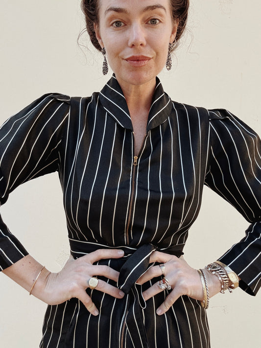 1940s Black Pinstripe Zipper Front Dressing Gown- S/M