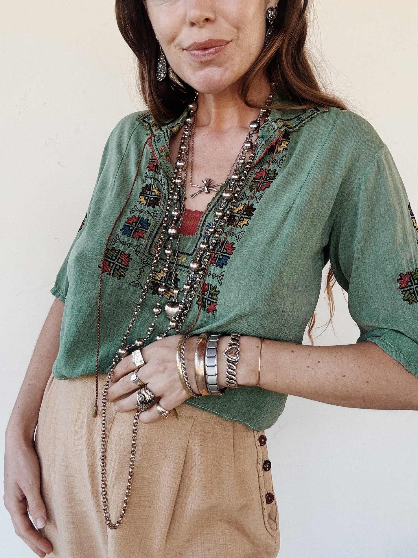 1930s Emerald Silk Hungarian Embroidered Peasant Blouse- S/M