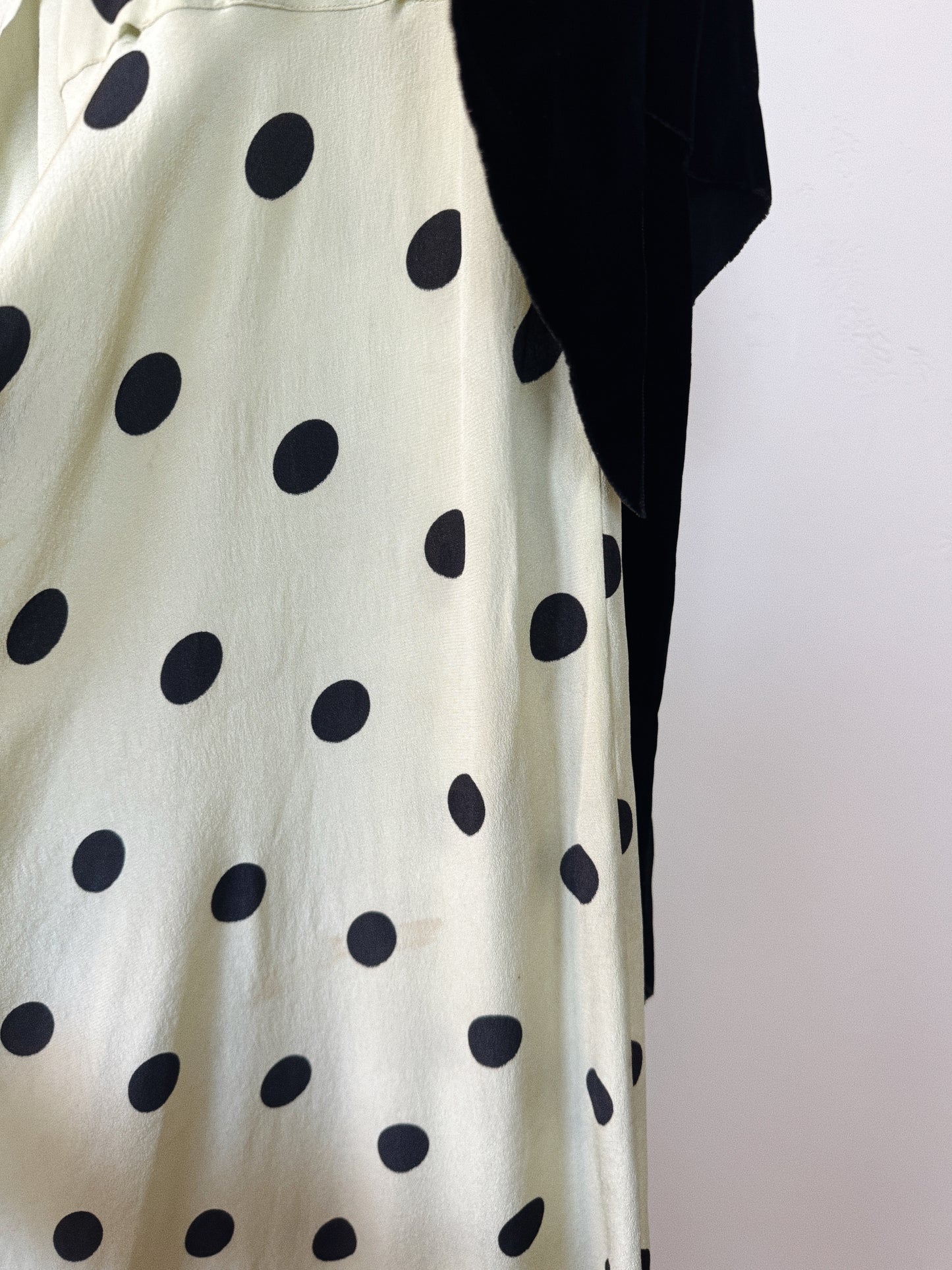 1930s Mint + Black Polka Dot Silk Draped Gown w/ Velvet Bows- S/M