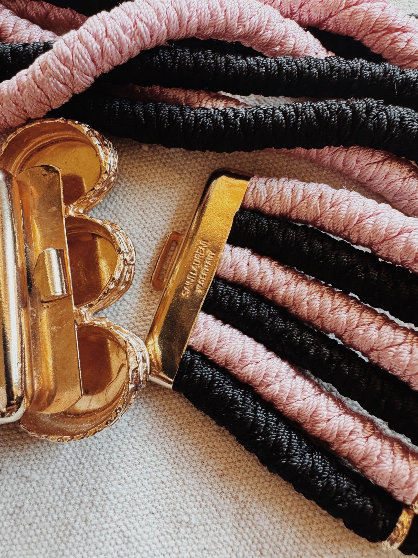 1980s YSL Pink + Black Corded Belt w/ Enamel Buckle- M/L