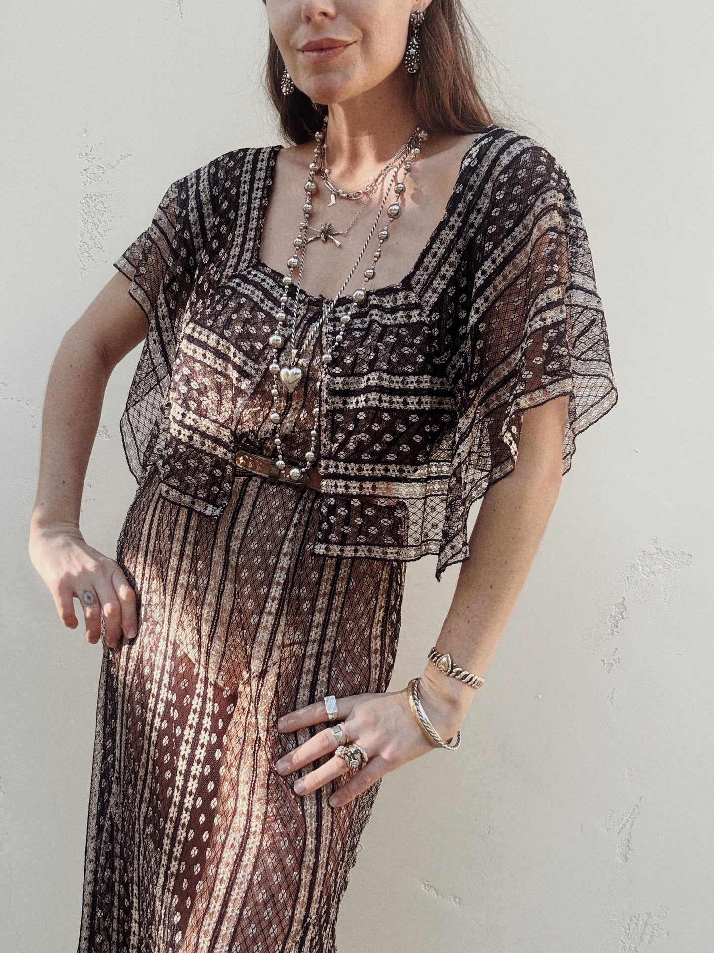 1920s/30s Purple + Cream Net Dress w/ Large Caplet Collar- M-L