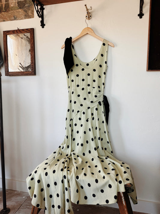 1930s Mint + Black Polka Dot Silk Draped Gown w/ Velvet Bows- S/M