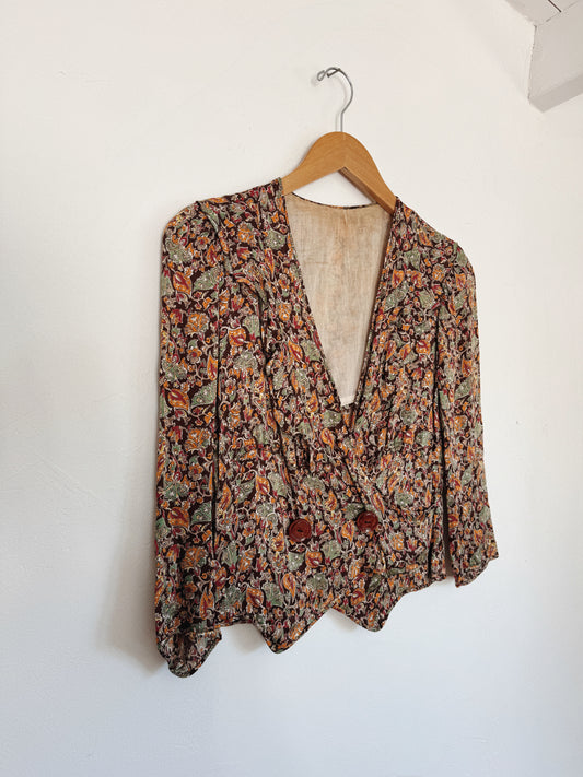 1930s Paisley Rayon Charmeuse Cropped Blouse- S-S/M