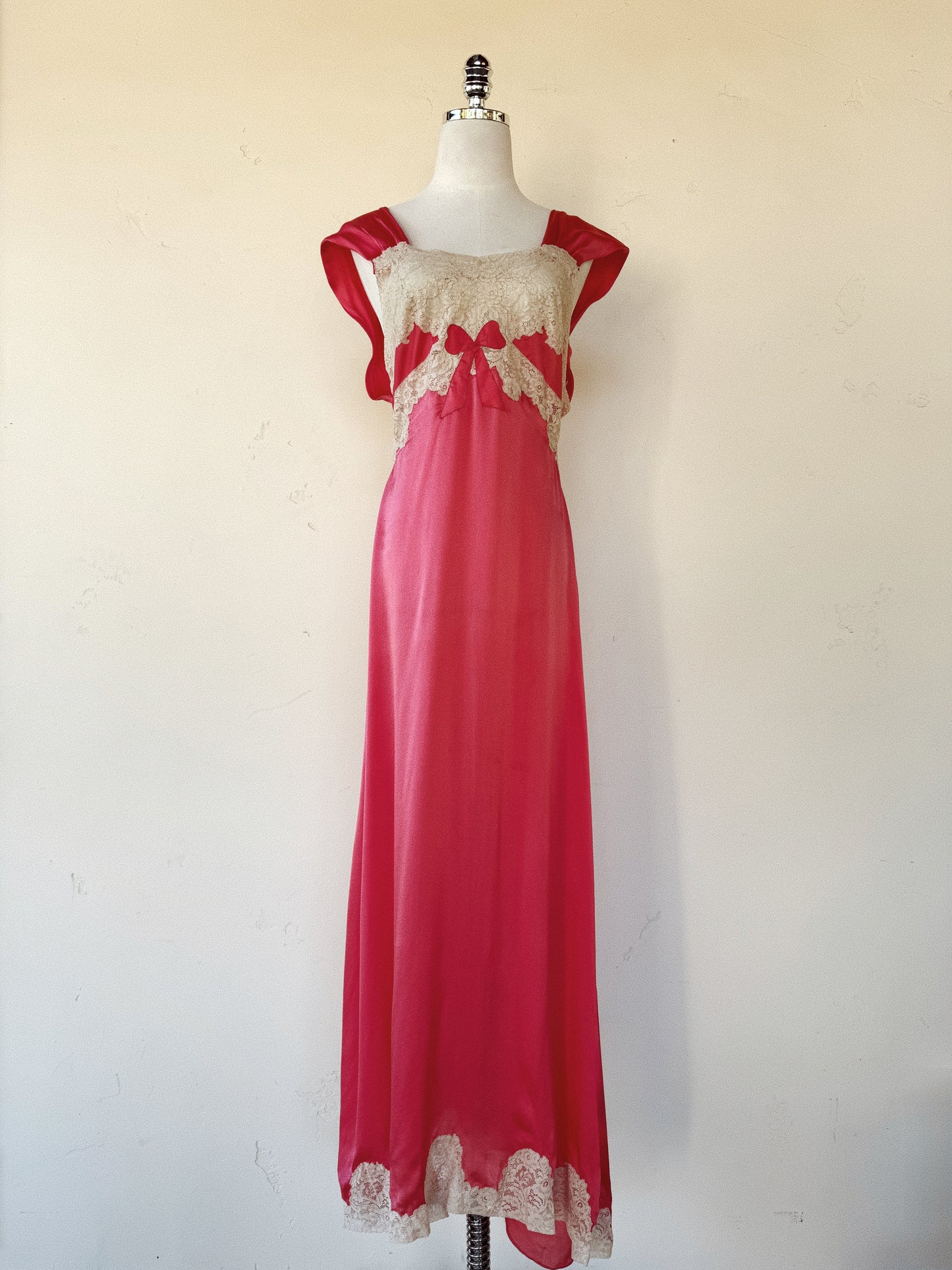 1930s Fuchsia Candy Pink Silk Slip Dress w/ Lace + Bow Appliqué- S/M