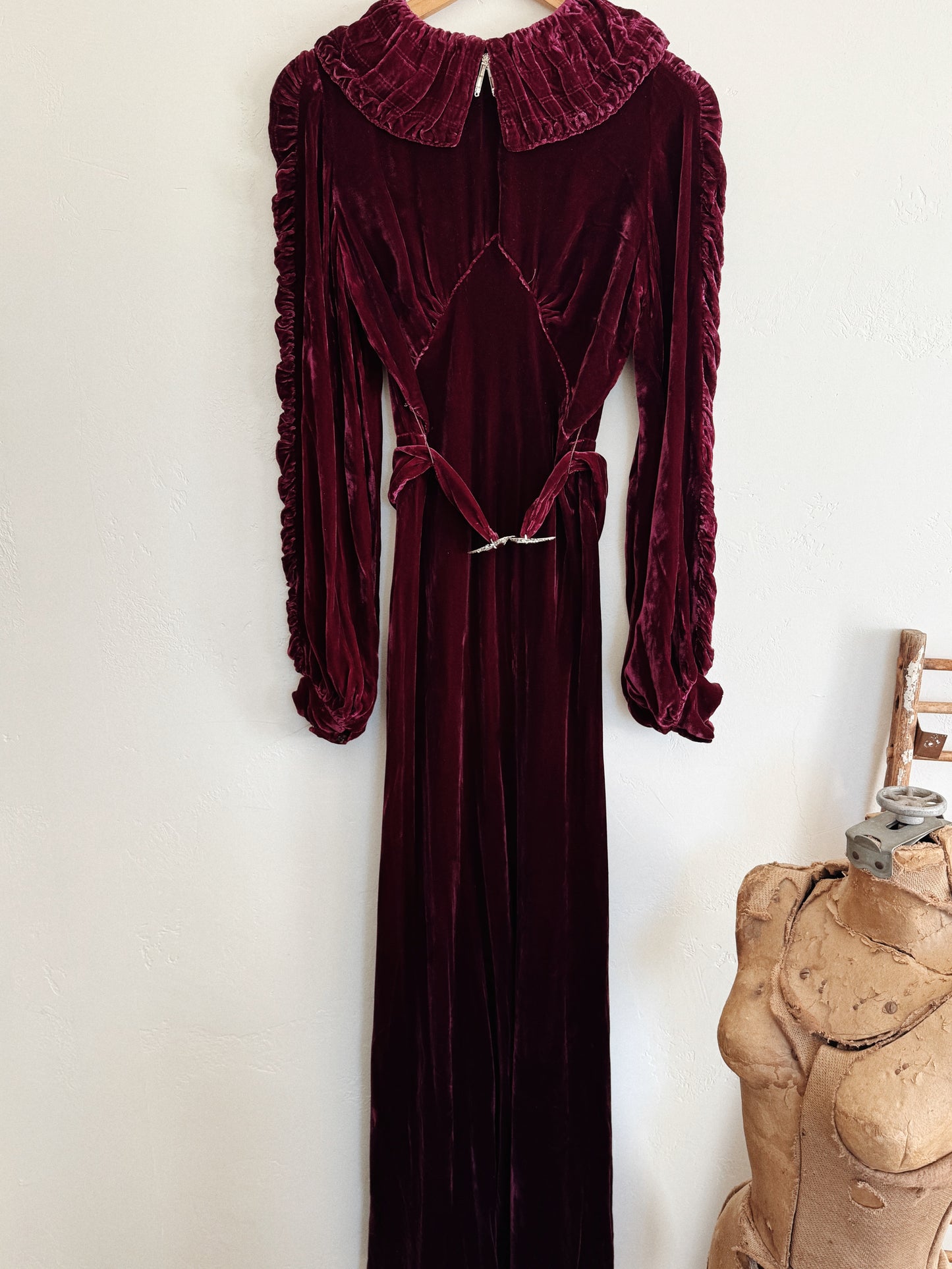 1930s Mulberry Ruched Silk Velvet Gown w/ Balloon Sleeves- S/M