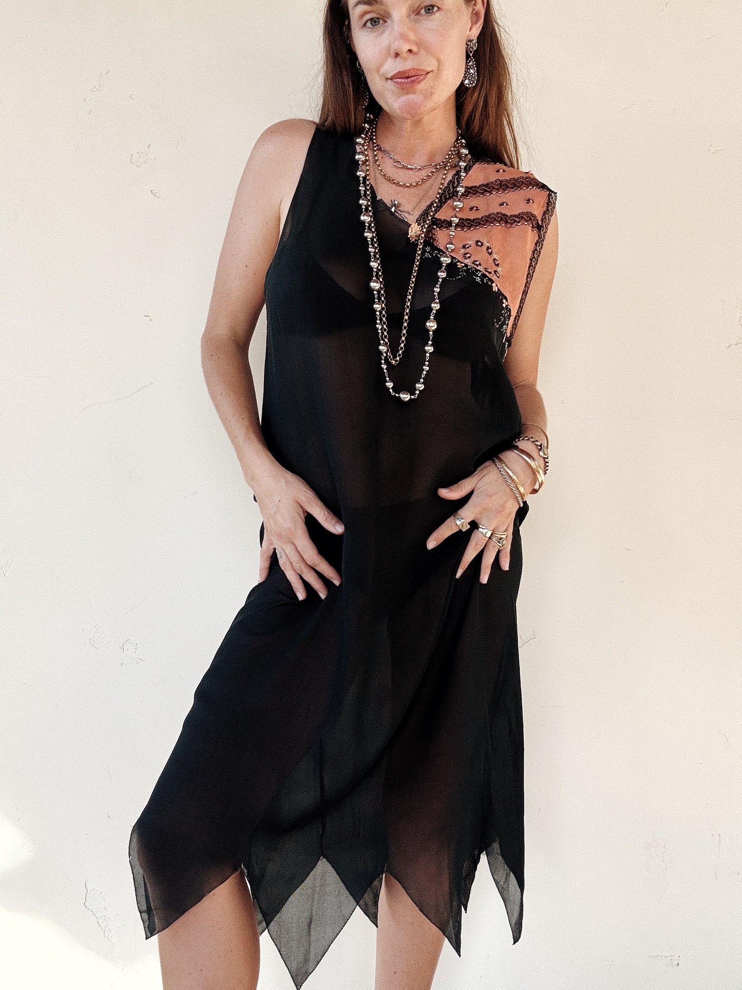 1920s Black Chiffon + Salmon Embroidered Shift Dress w/ Handkerchief Hem- M