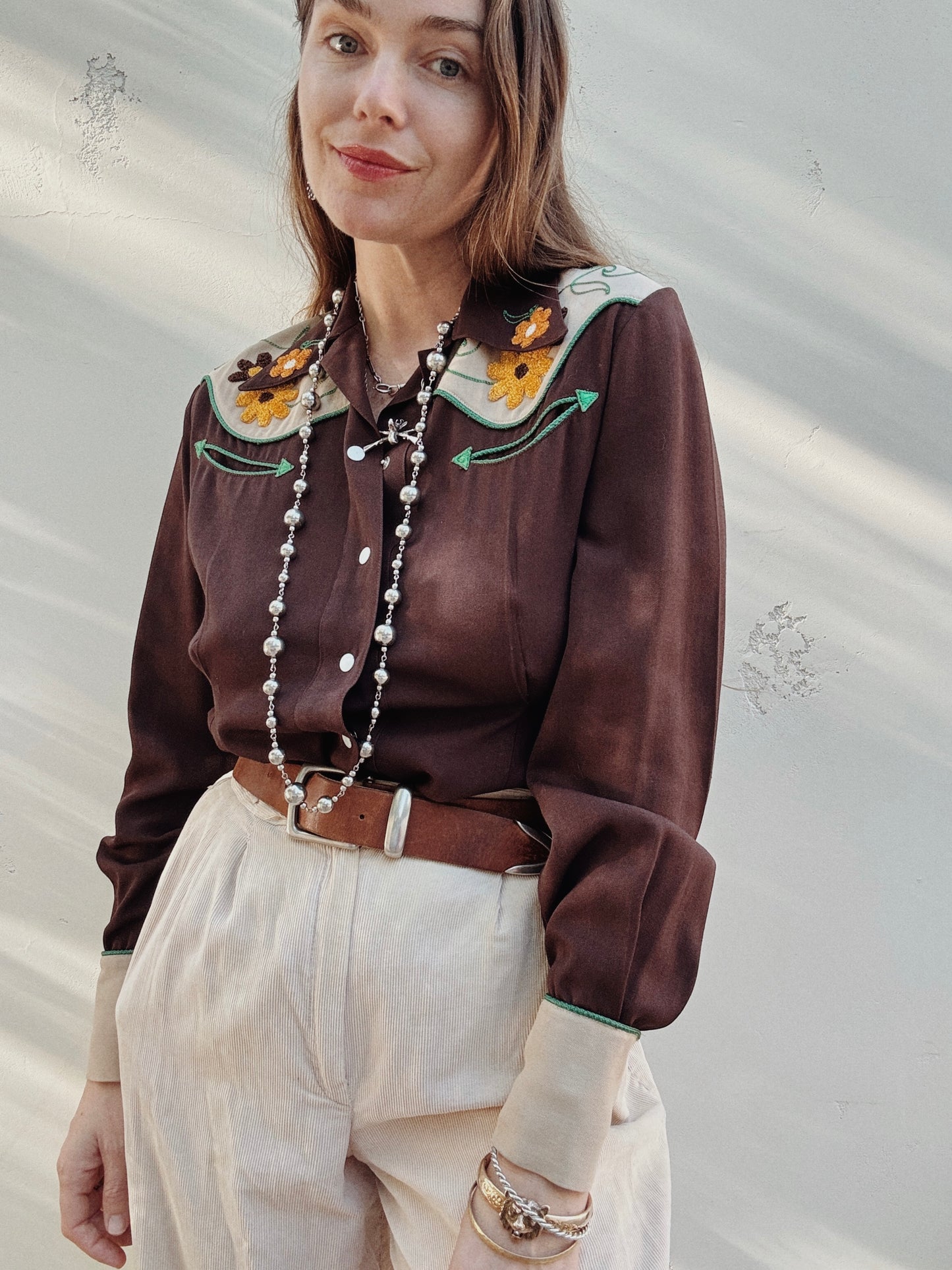 1940s Brown Daisy Gabardine Western Top- M