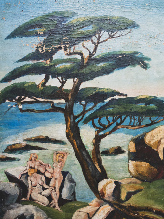 1940s Cubist “Sirens on the Sea” Nude Oil Painting- 20 x 27”