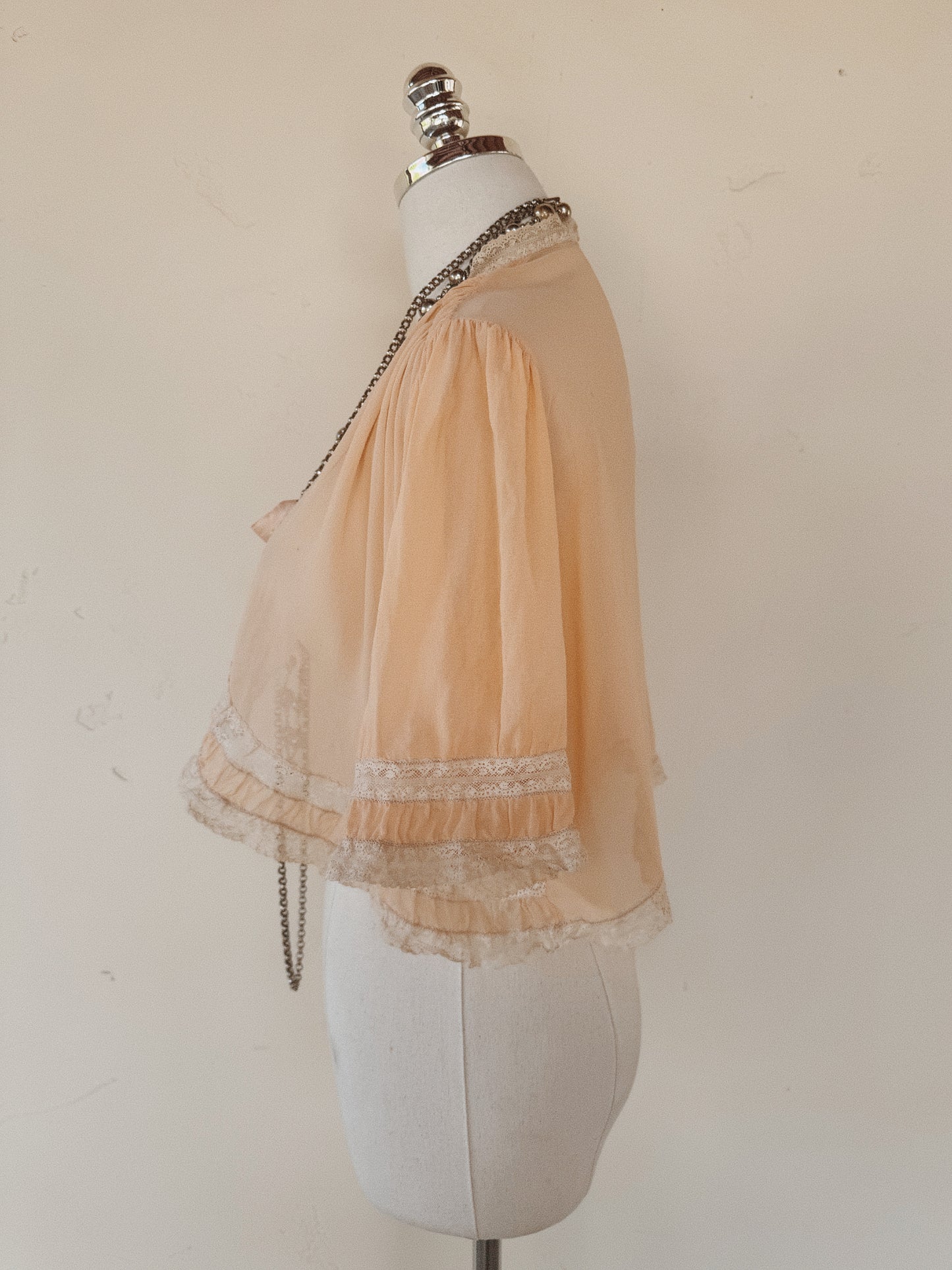 1930s Blossom Pink Silk Chiffon Bed Jacket w/ Lace Trim- S-M/L