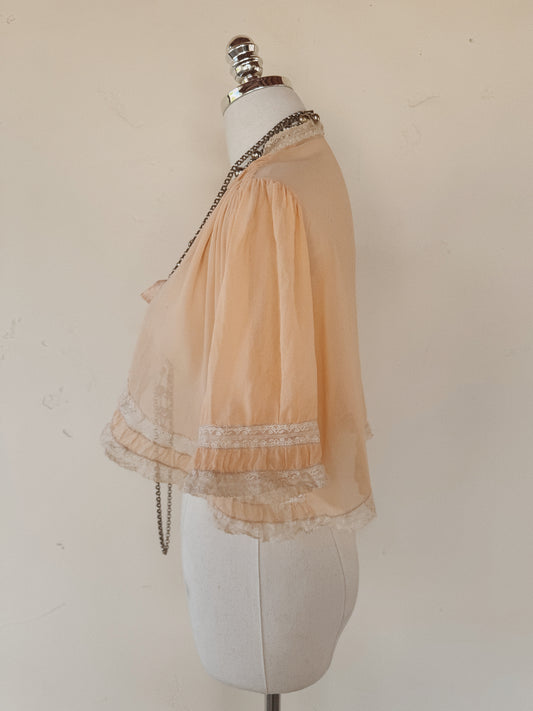 1930s Blossom Pink Silk Chiffon Bed Jacket w/ Lace Trim- S-M/L