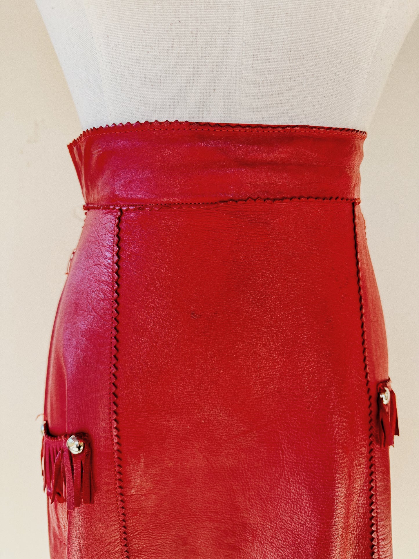 1930s/40s Western Oxblood Red Leather Fringe Cowgirl Skirt- S