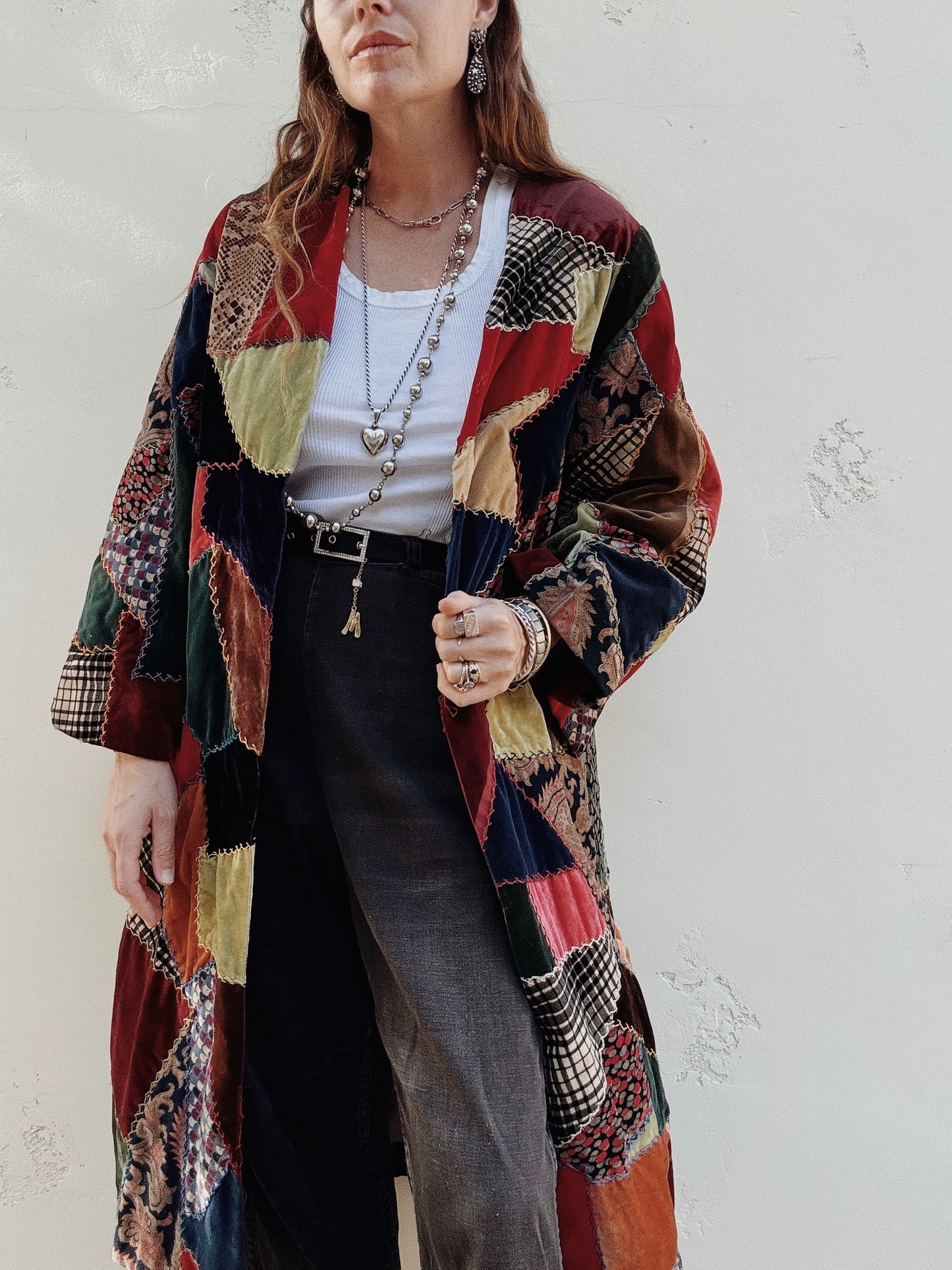1930s/40s Velvet Crazy Quilt Patched Duster Coat