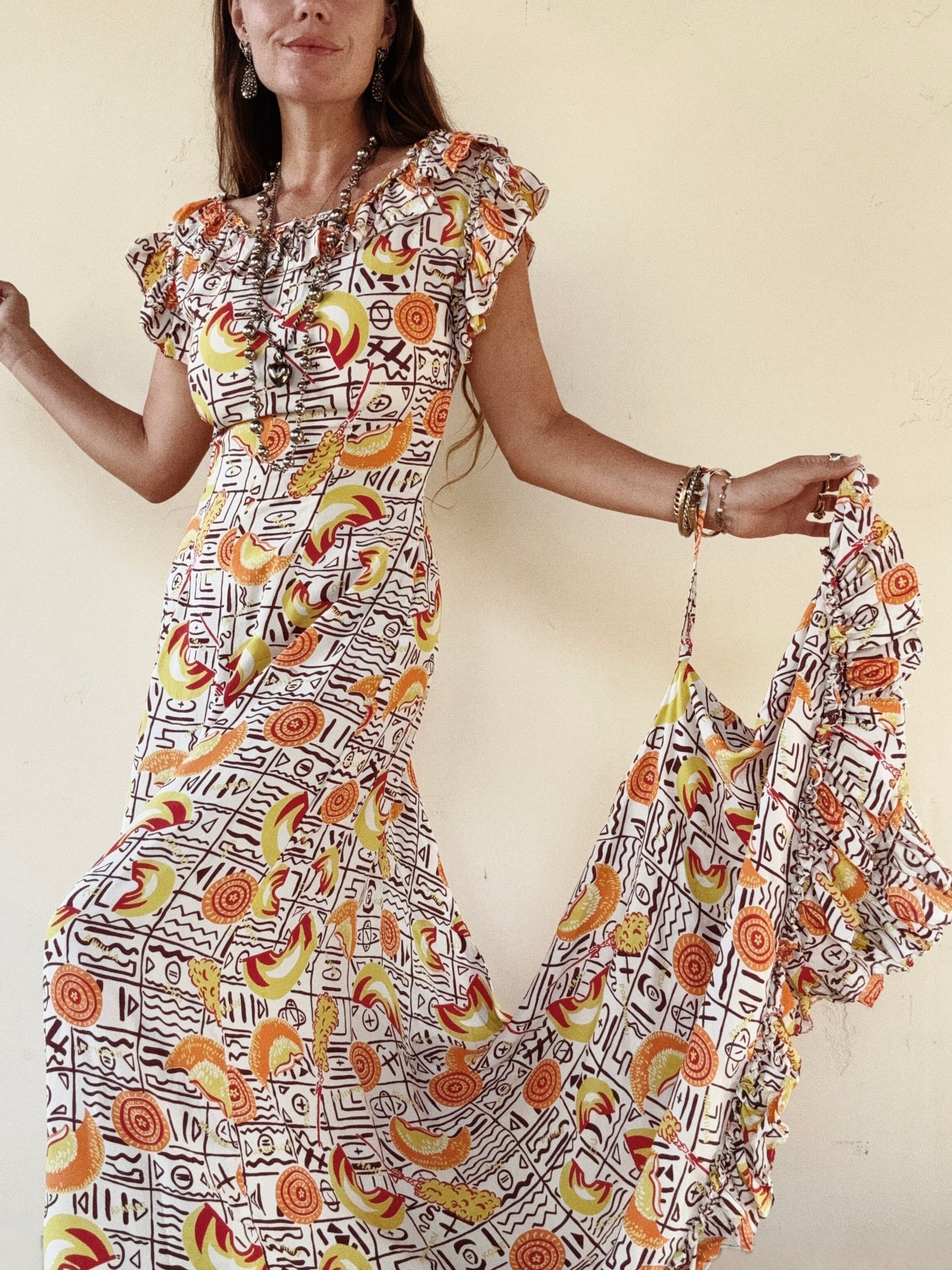 1940s Quirky Chartreuse Hawaiian Holoku Gown w/ Train- S/M