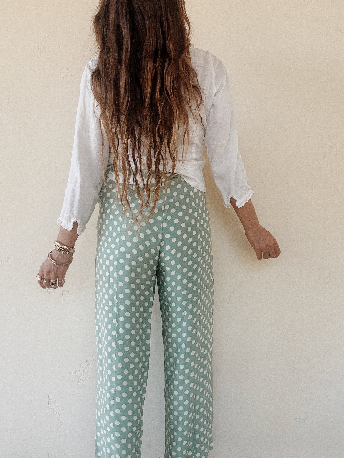 1940s Sea Foam Polka Dot Rayon Lounge Pants w/ Sash- M